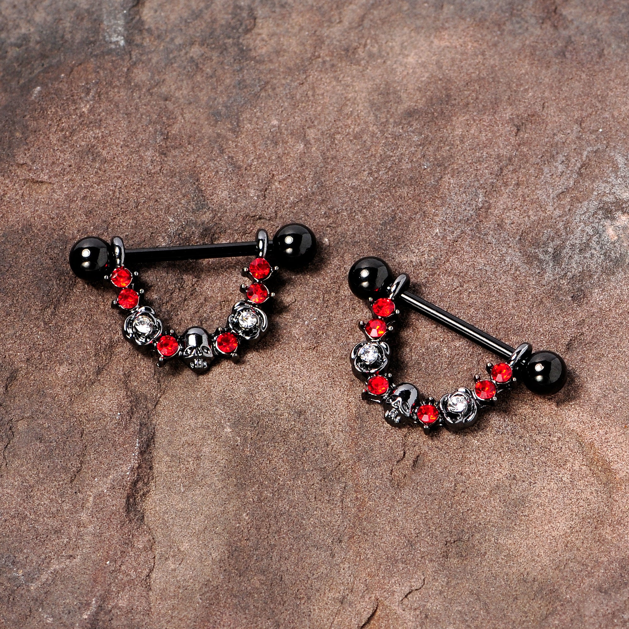 14G 5/8 Red Clear Gem Black Skull Rose Dangle Nipple Ring Set - Image 2