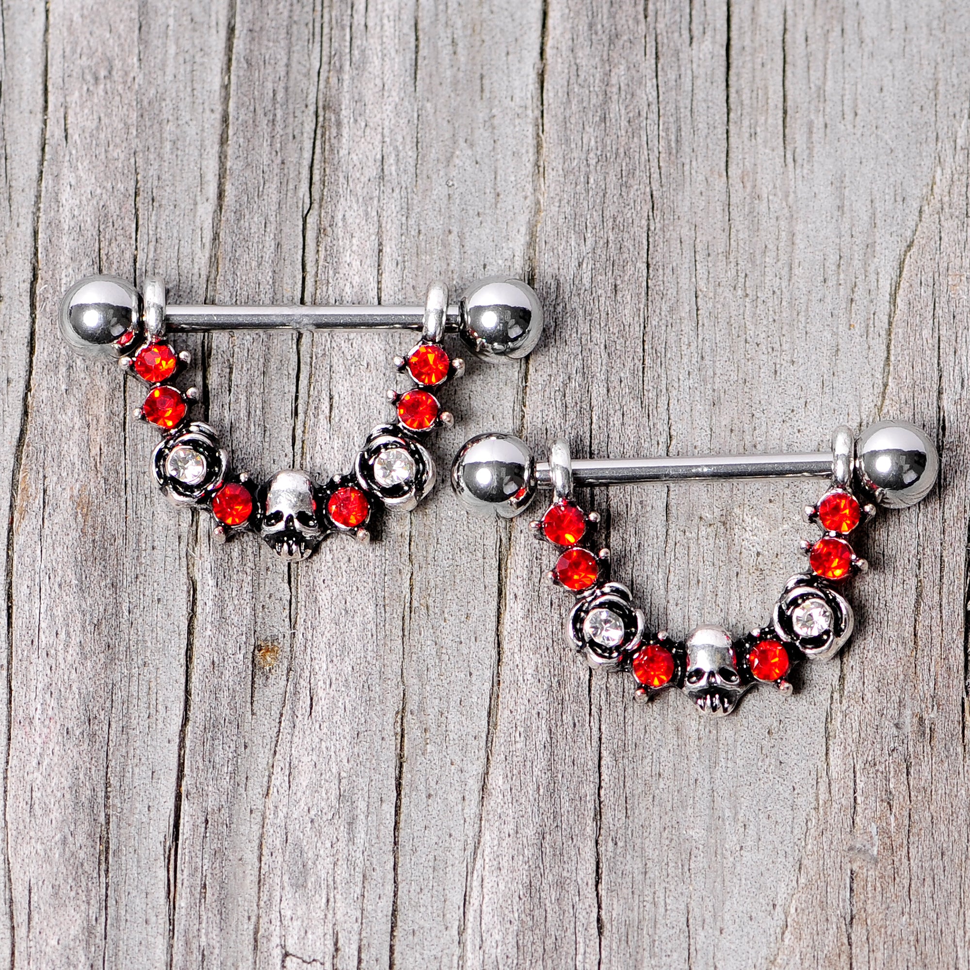 14G 5/8 Red Clear Gem Halloween Skull Rose Dangle Nipple Ring Set - Image 3