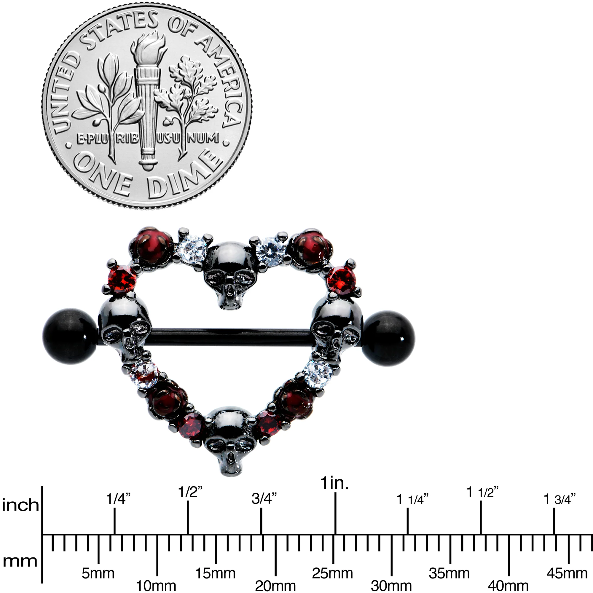 14G 7/8 Red CZ Gem Black Skull Heart Halloween Nipple Shield Set - Image 6