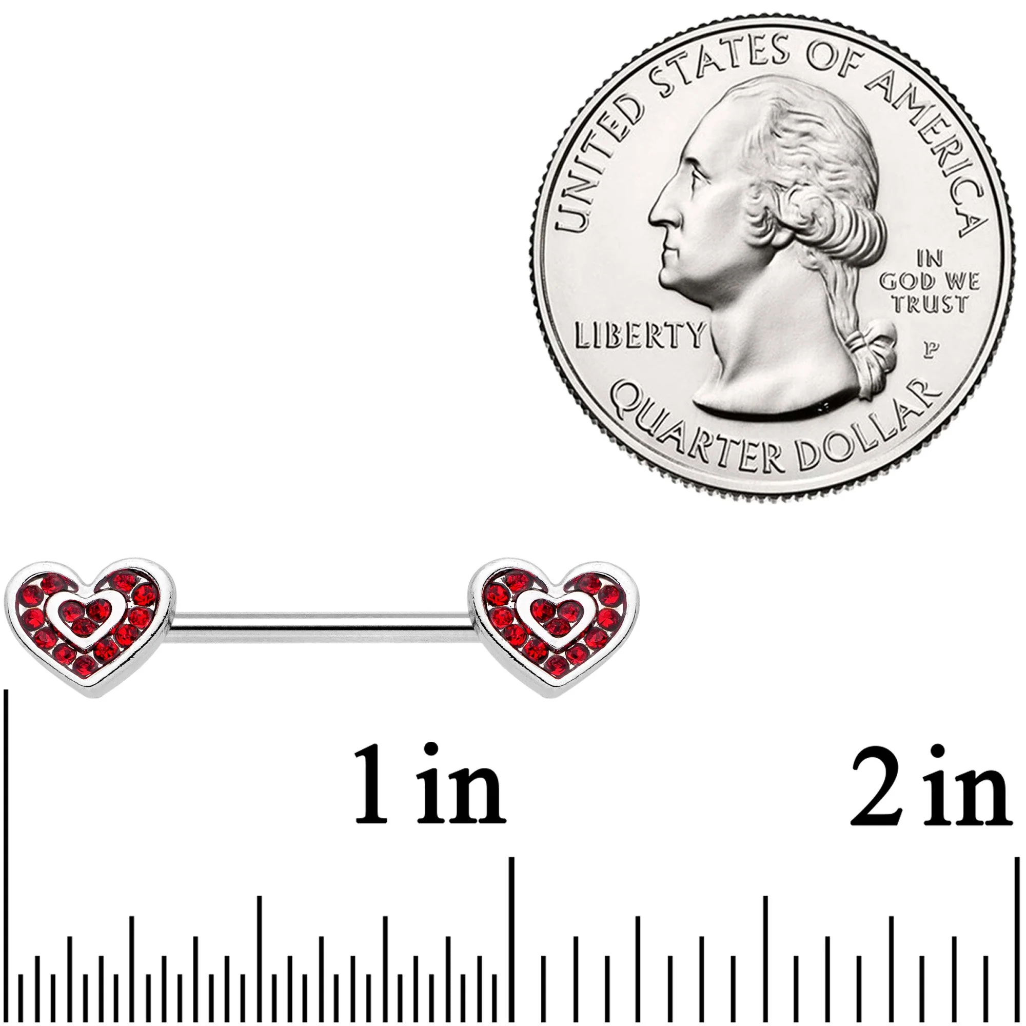 14G 5/8 Red Gem Wrapped Hearts Barbell Nipple Ring Set - Image 2