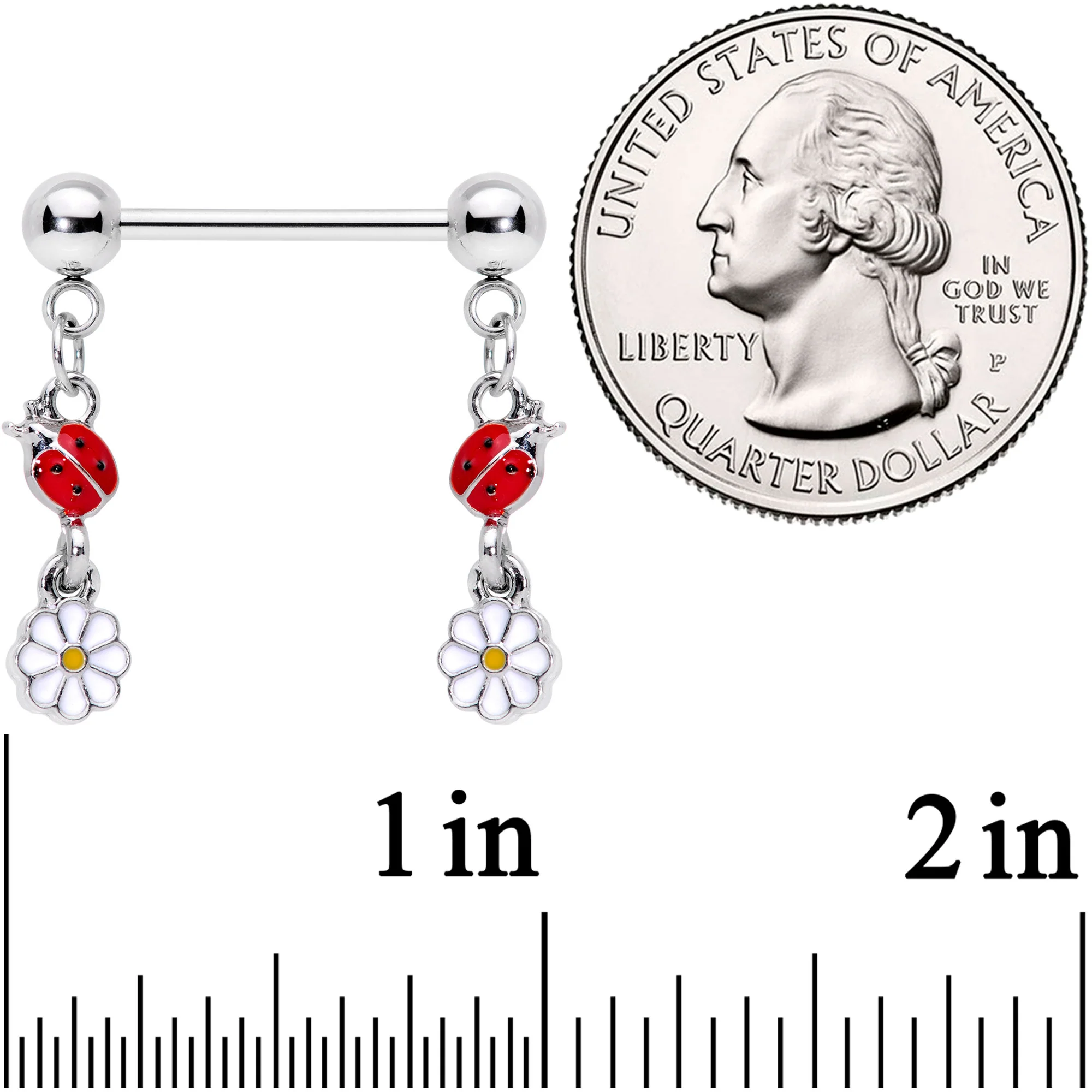 14G 5/8 Red White Ladybug Flower Dangle Barbell Nipple Ring Set - Image 2