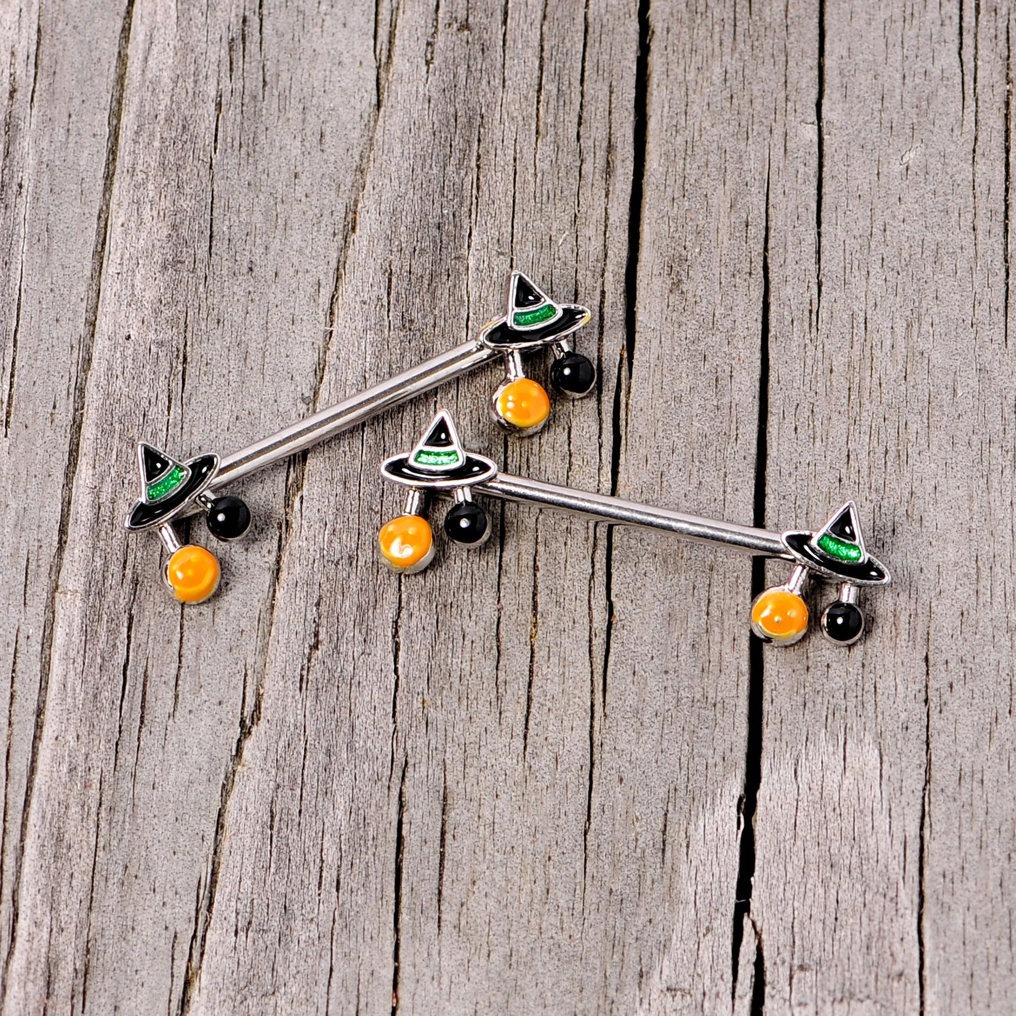 14G 5/8 Trick or Treat Witch Hat Halloween Nipple Ring Set - Image 4