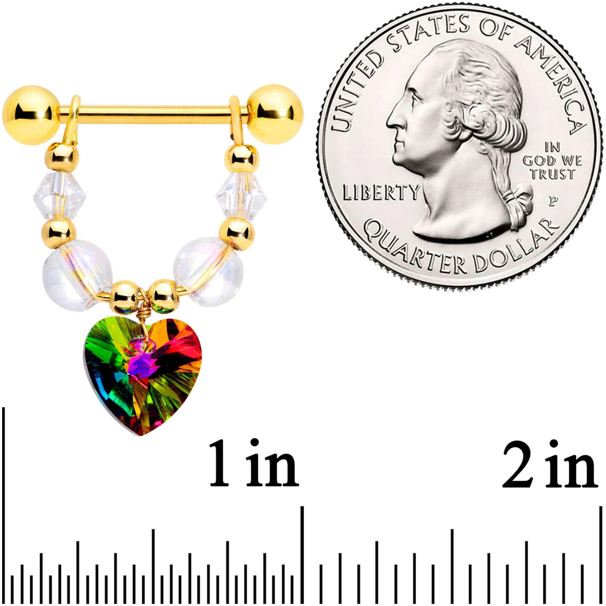 14G 5/8 Vitrail Gem Gold Tone Heart Dangle Nipple Ring Set - Image 2