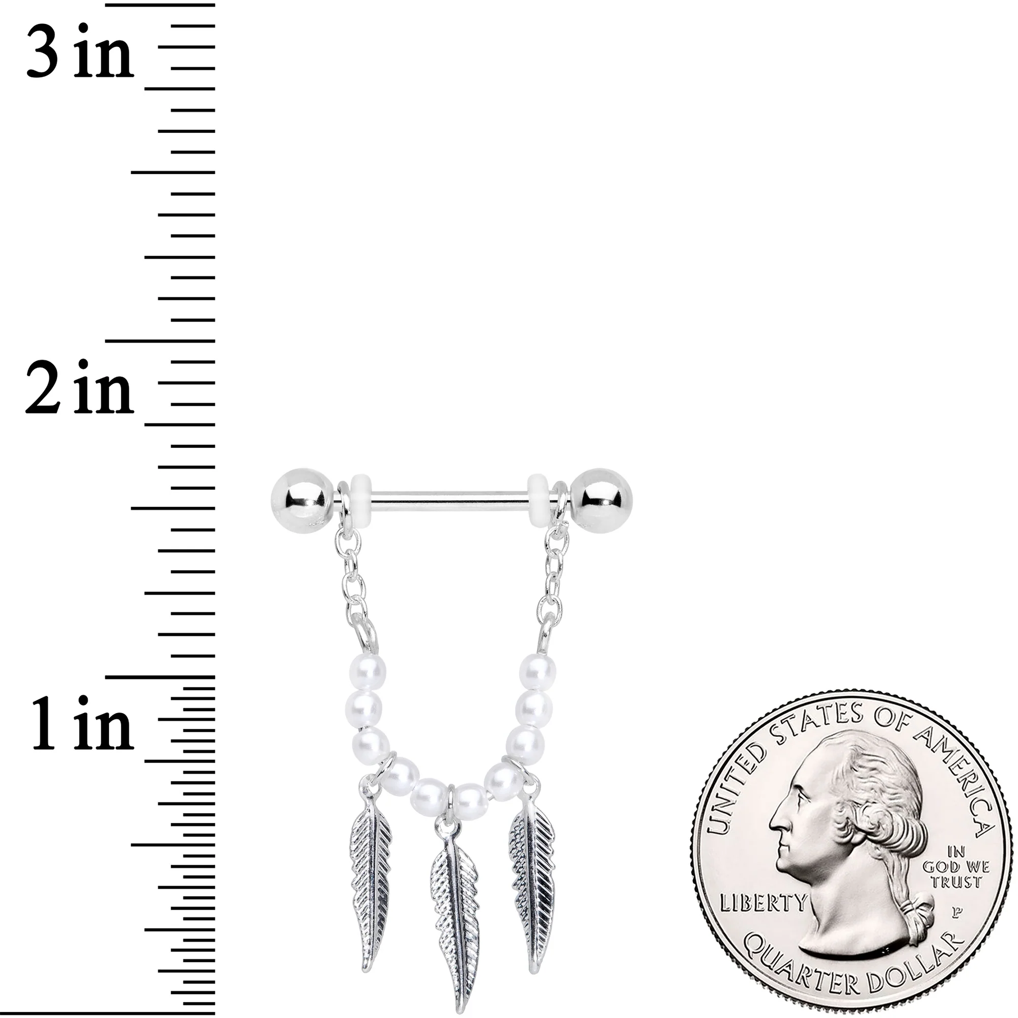 14G 5/8 White Pearlescent Bead Feather Dangle Nipple Ring Set - Image 2
