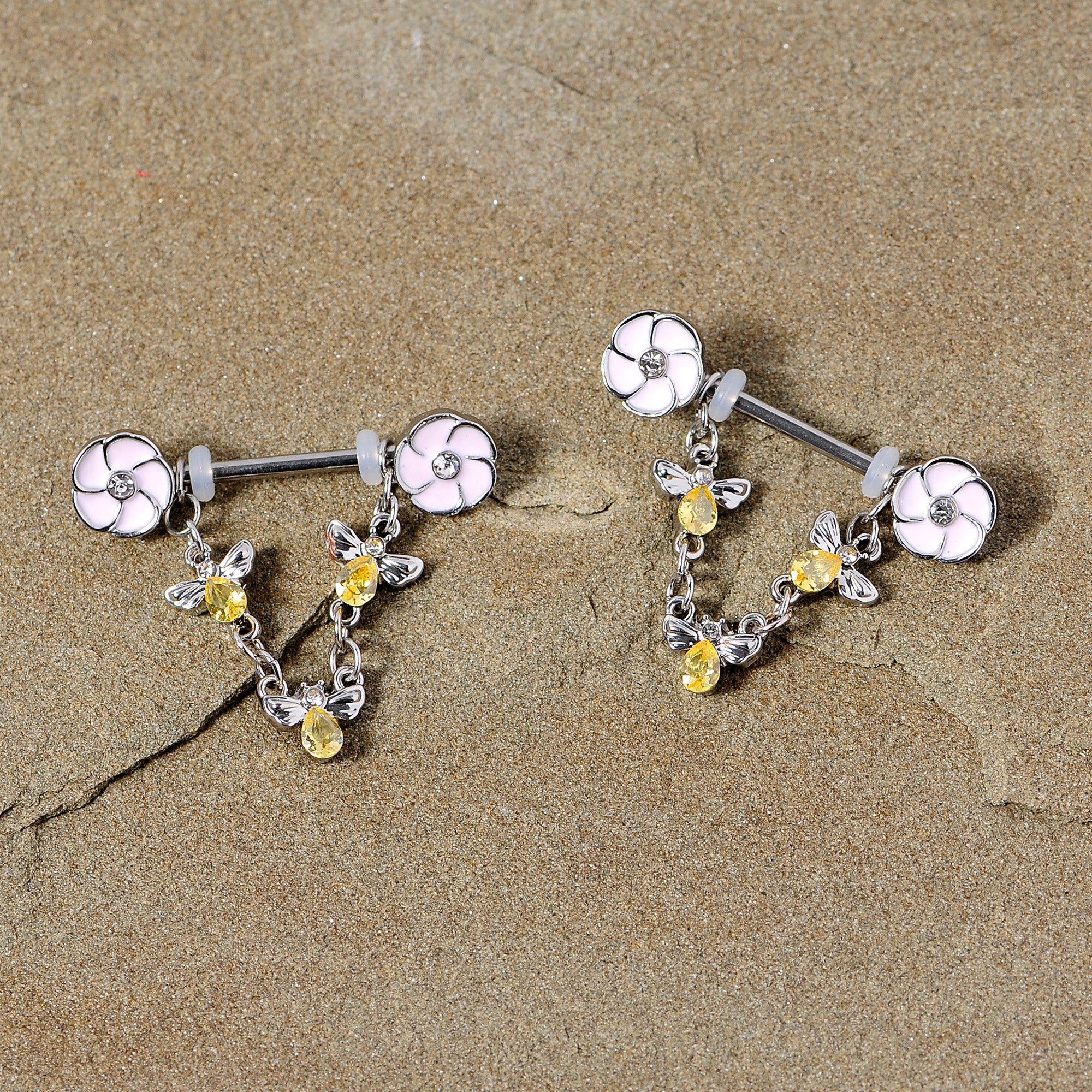 14G 5/8 Yellow Clear Gem Bee Flower Dangle Nipple Ring Set - Image 2