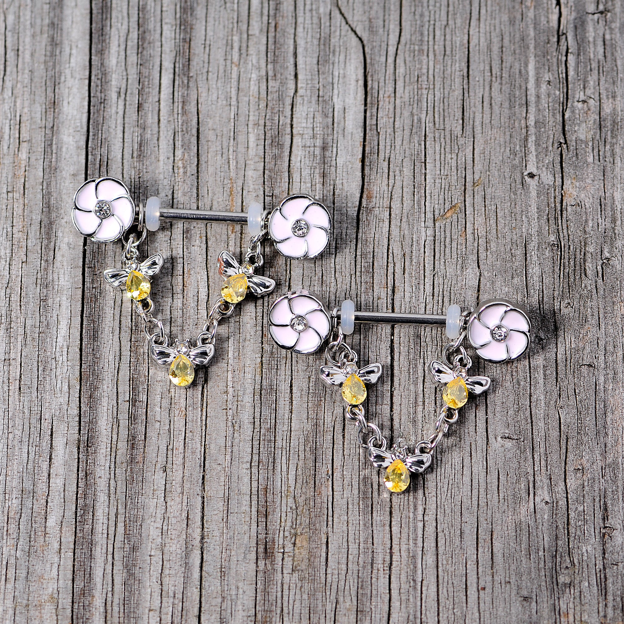 14G 5/8 Yellow Clear Gem Bee Flower Dangle Nipple Ring Set - Image 3