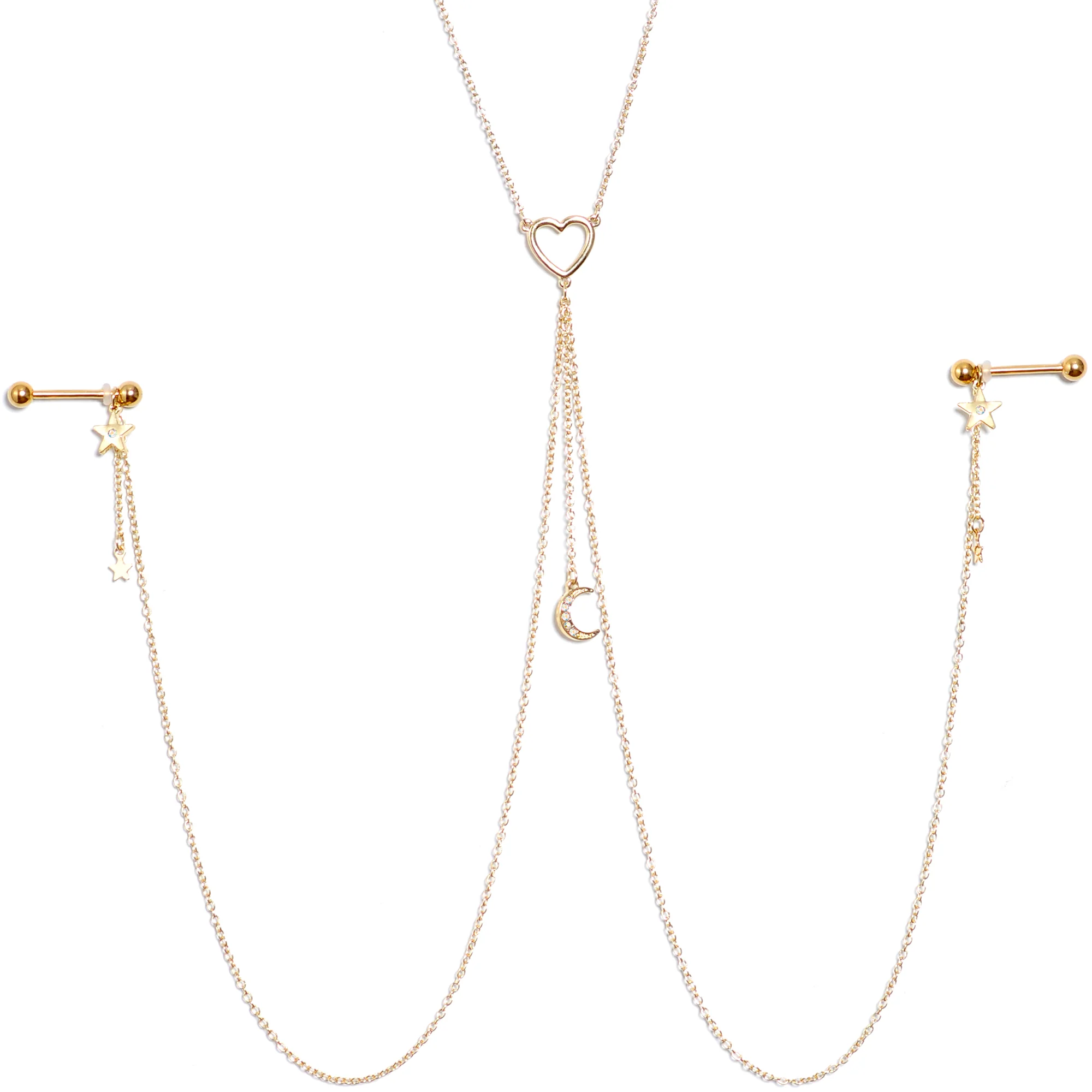 14G 5/8 Aurora Gem Gold Tone Heart Star Nipple Chain Necklace