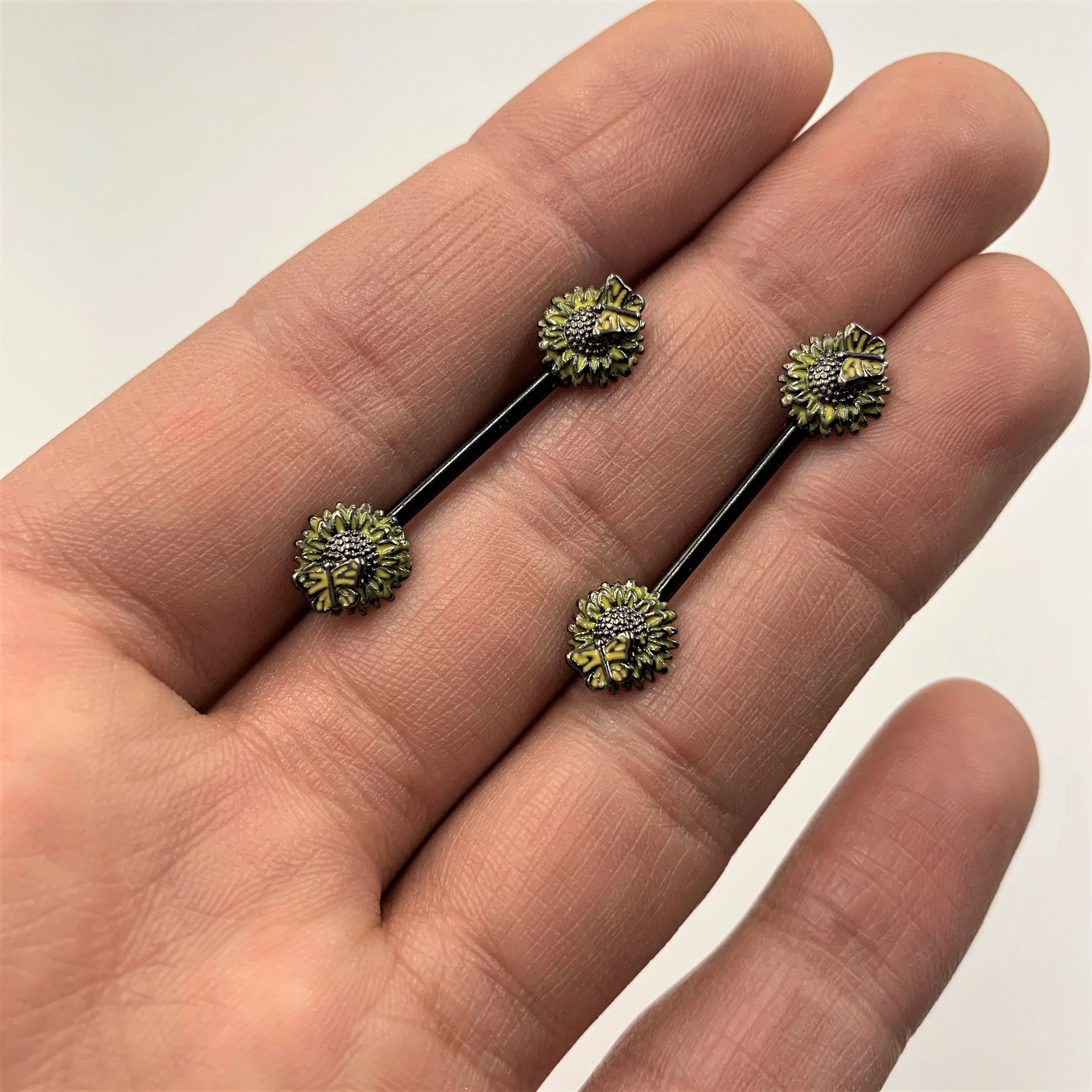 14G 5/8 Black Sunflower Butterfly Barbell Nipple Ring Set - Image 2