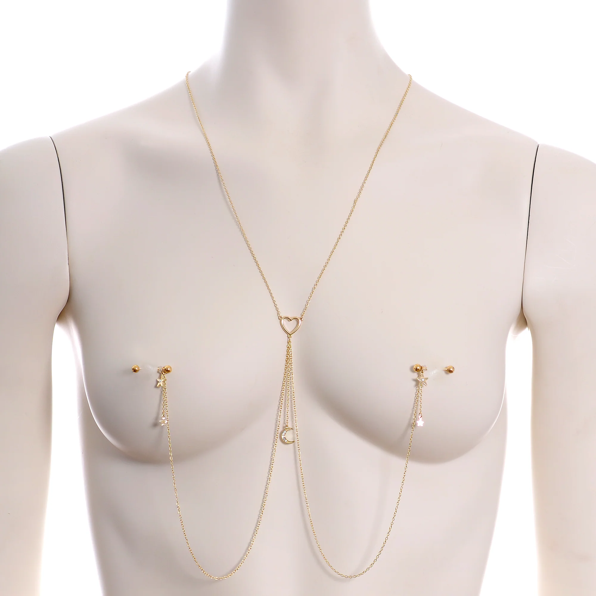 14G 5/8 Clear Gem Gold Tone Heart Star Nipple Chain Necklace - Image 2