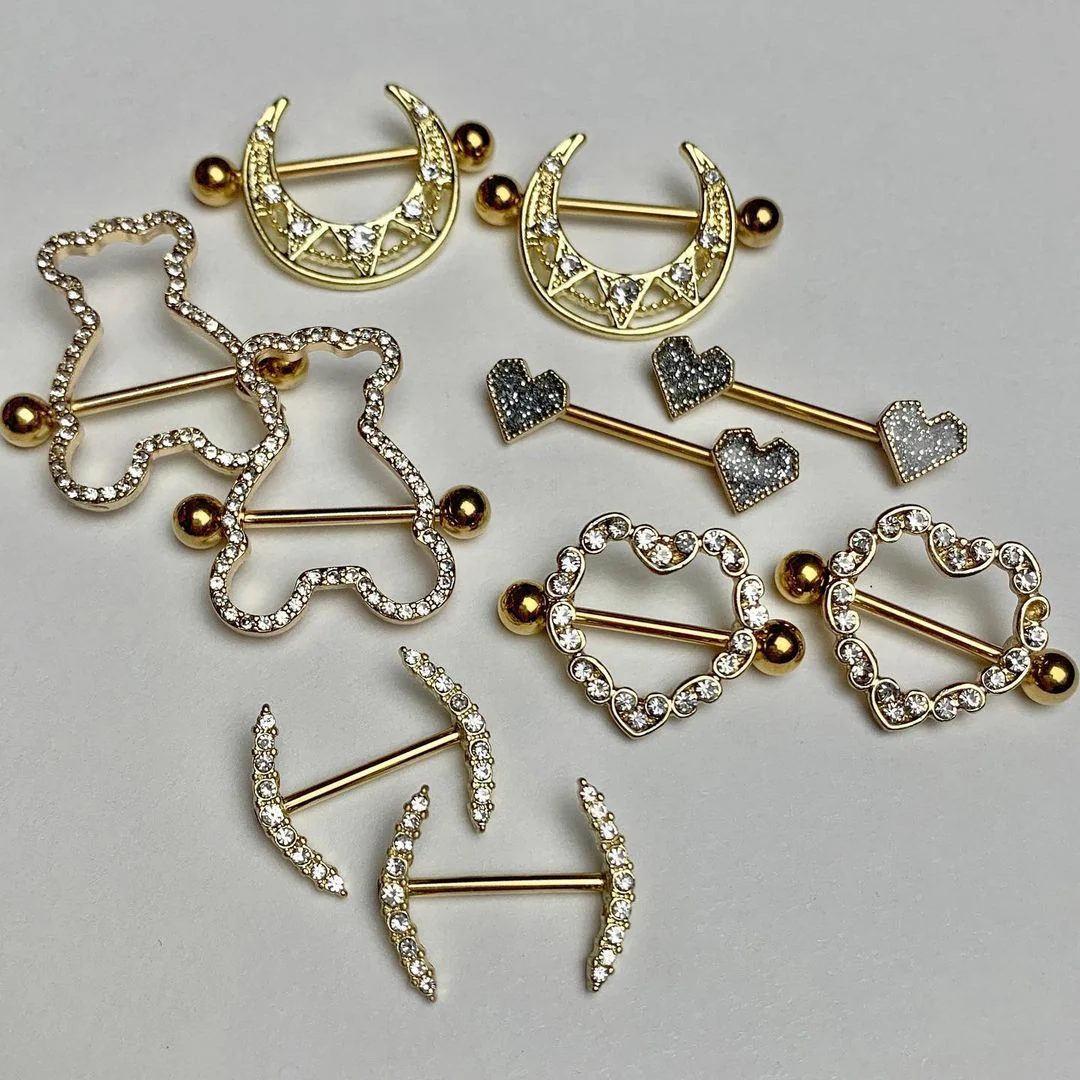 14G 5/8 Clear Gem Gold Tone Open Crescent Nipple Shield Set - Image 2