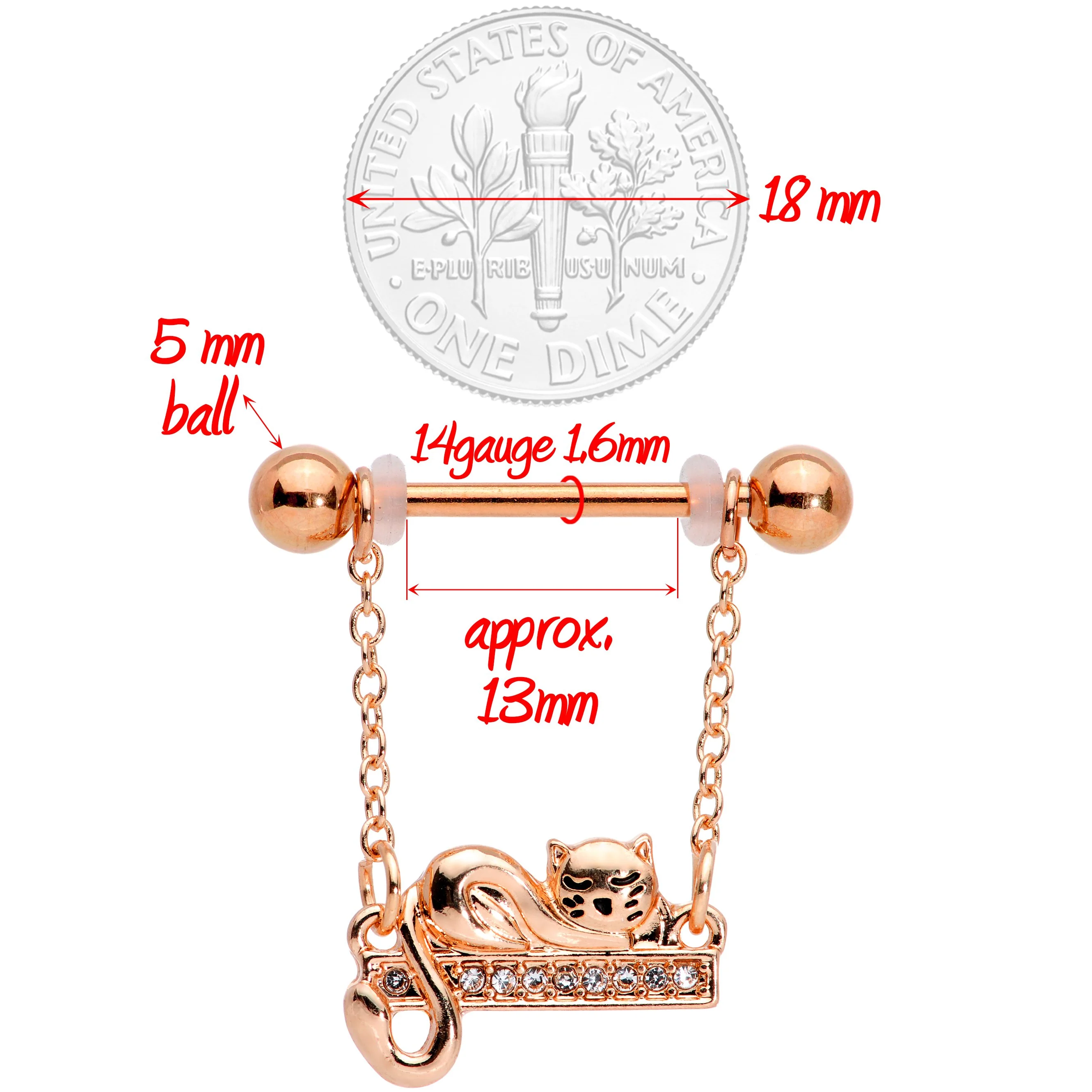 14G 5/8 Clear Gem Rose Gold Tone Nap Cat Dangle Nipple Ring Set - Image 3