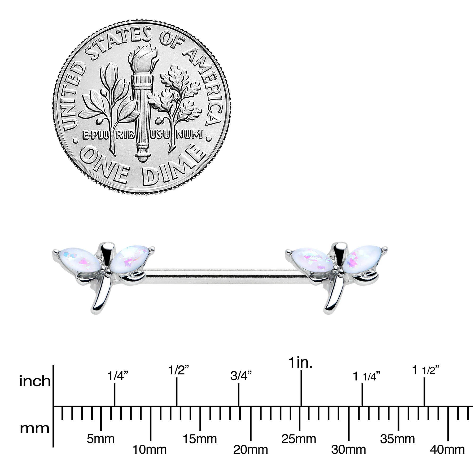 14G 5/8 White Faux Opal Styled Dragonfly Barbell Nipple Ring Set - Image 3