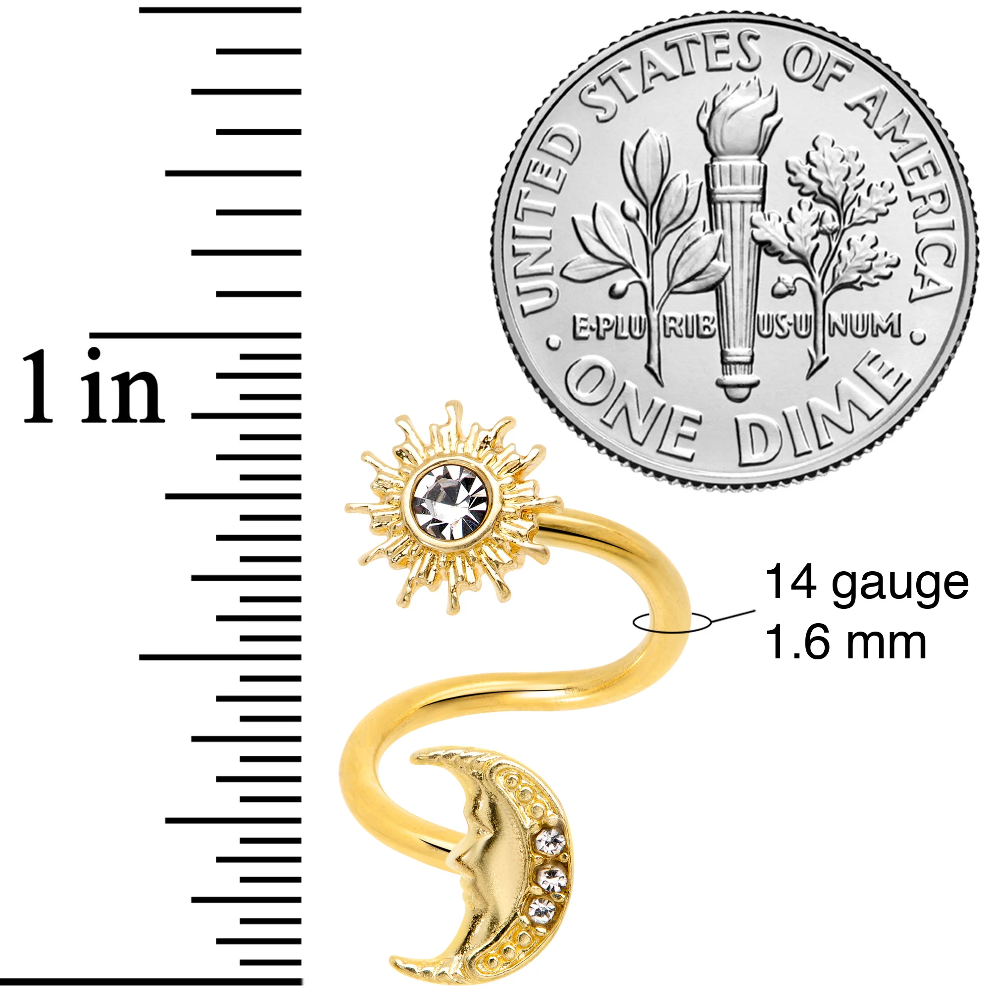 14G 7/16 Clear Gem Gold Tone Moon Spiral Twister Belly Ring - Image 3