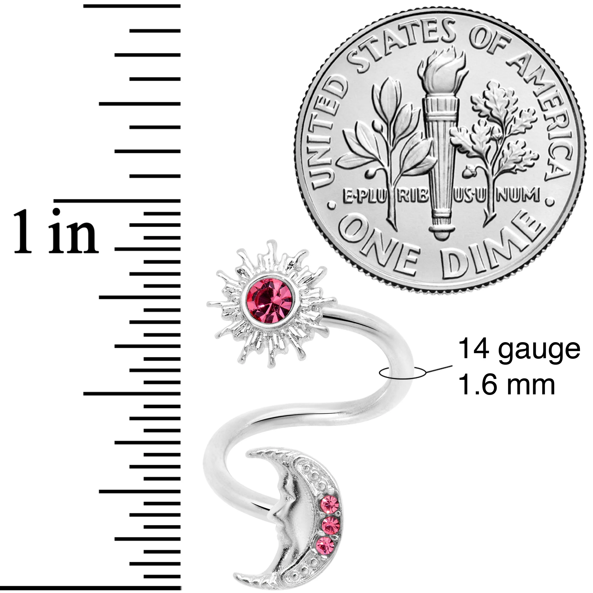 14G 7/16 Pink Gem Moon Spiral Twister Belly Ring - Image 2