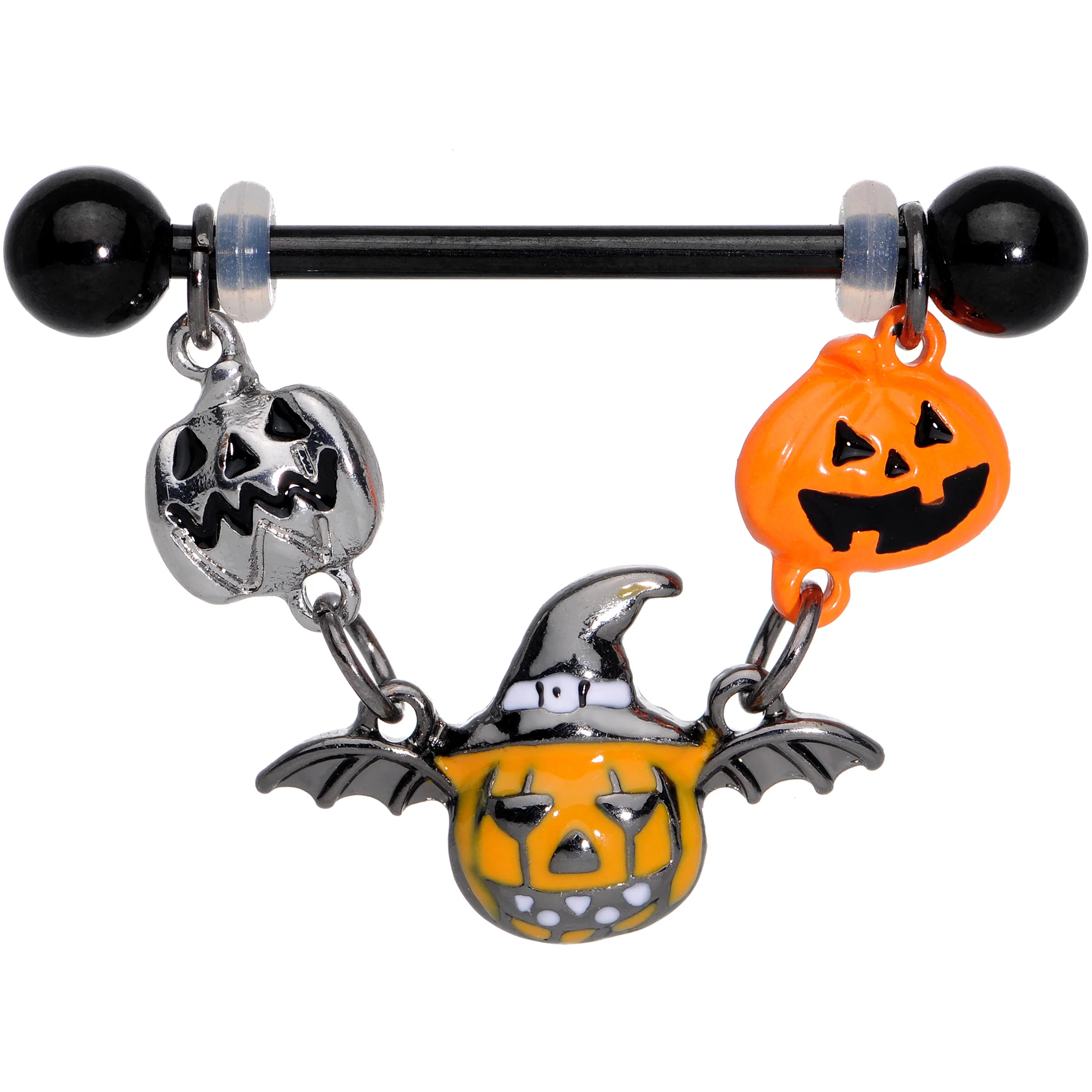 14G 7/8 Black Pumpkin Trio Halloween Dangle Nipple Ring Set - Image 2
