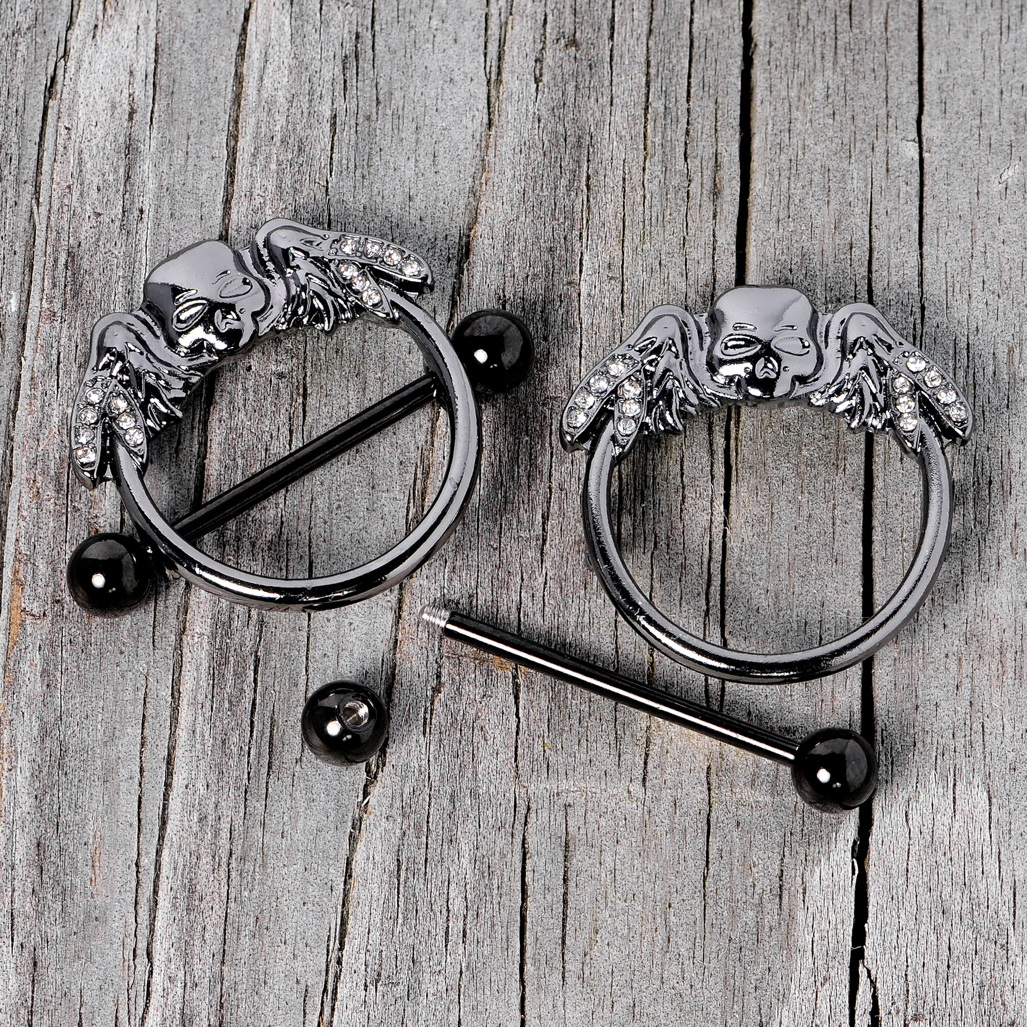 14G 7/8 Clear Gem Black Winged Skull Halloween Nipple Shield Set - Image 5