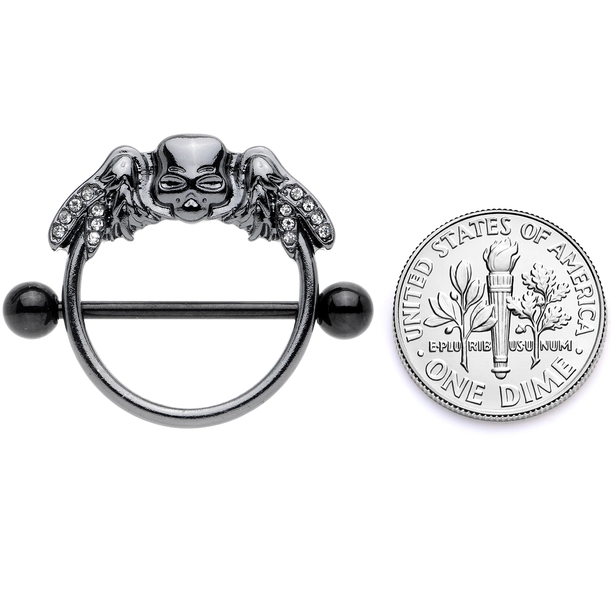 14G 7/8 Clear Gem Black Winged Skull Halloween Nipple Shield Set - Image 6