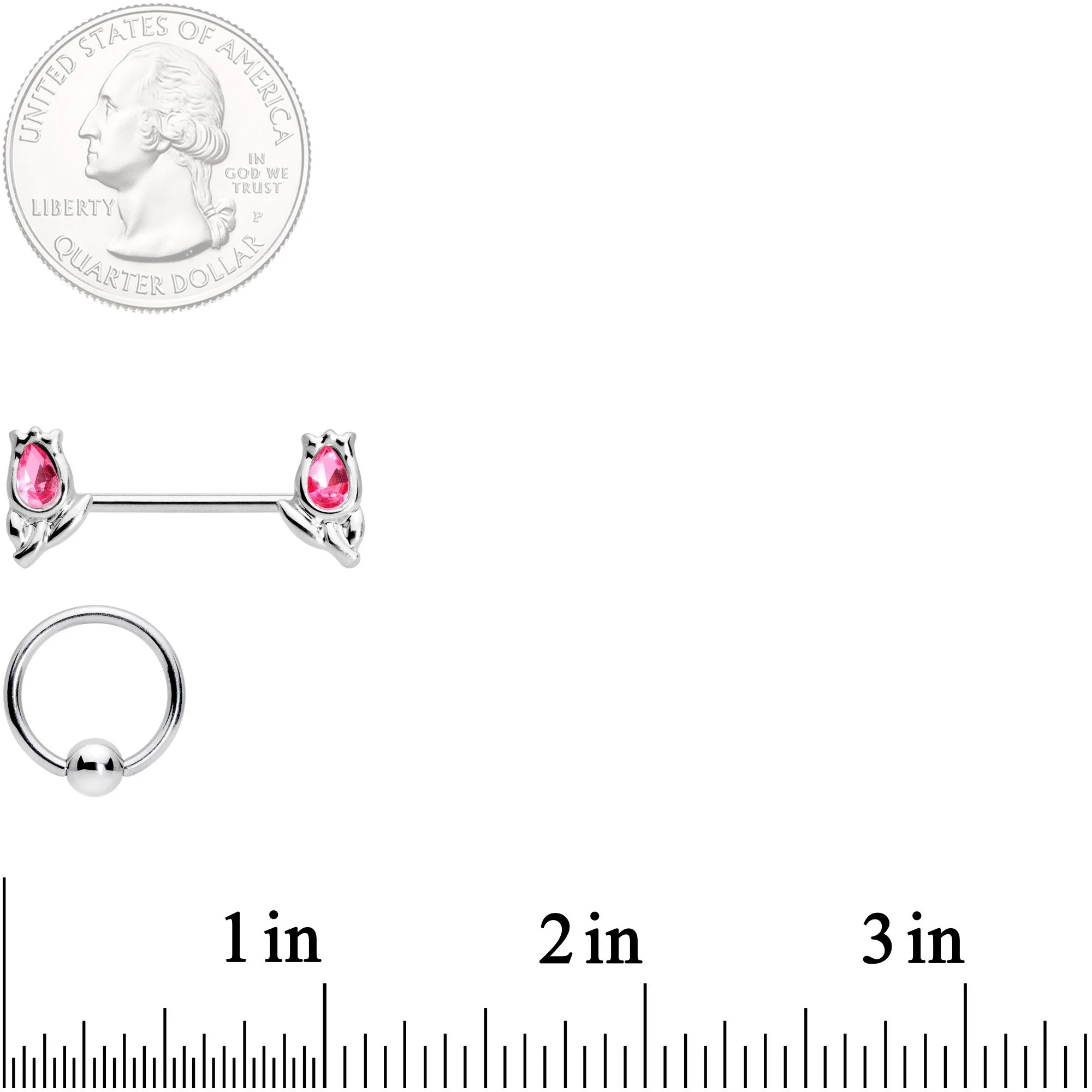 14G 7/16 1/2 Pink Gem Flowers BCR Barbell Nipple Ring Set of 4 - Image 4