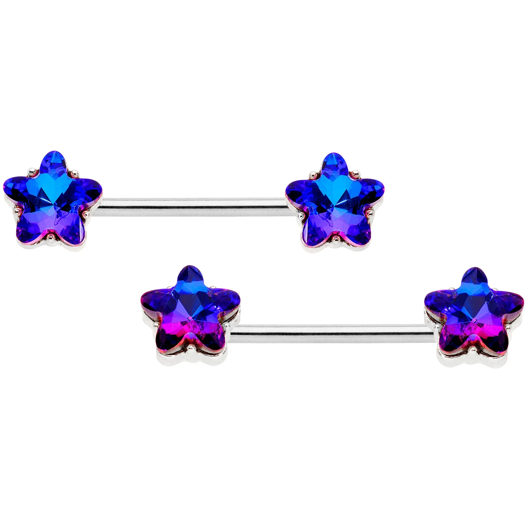 14G 9/16 1/2 Purple Blue Star BCR Barbell Nipple Ring Set - Image 2