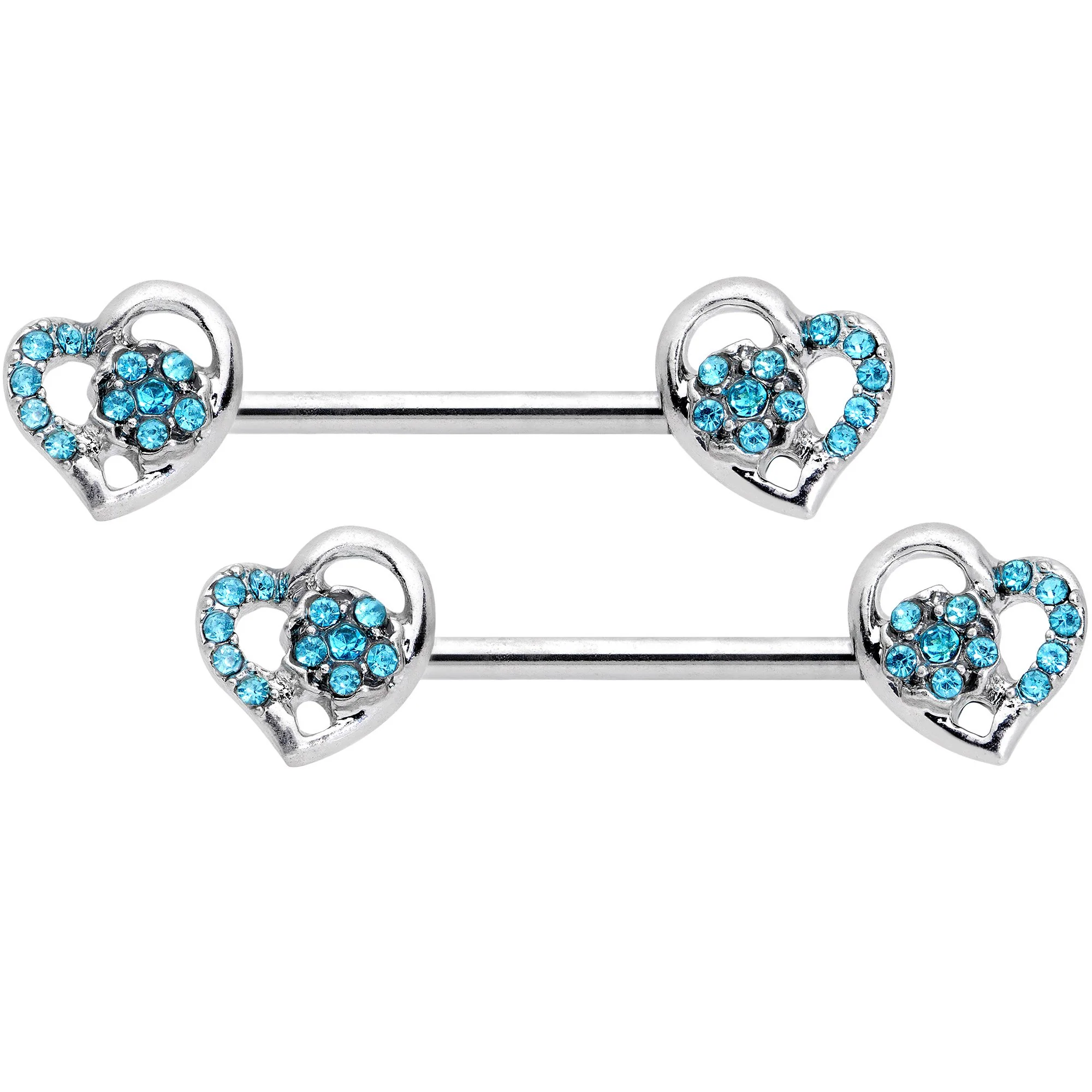 14G 9/16 5/16 Aqua Gem Hearts BCR Barbell Nipple Ring Set - Image 2