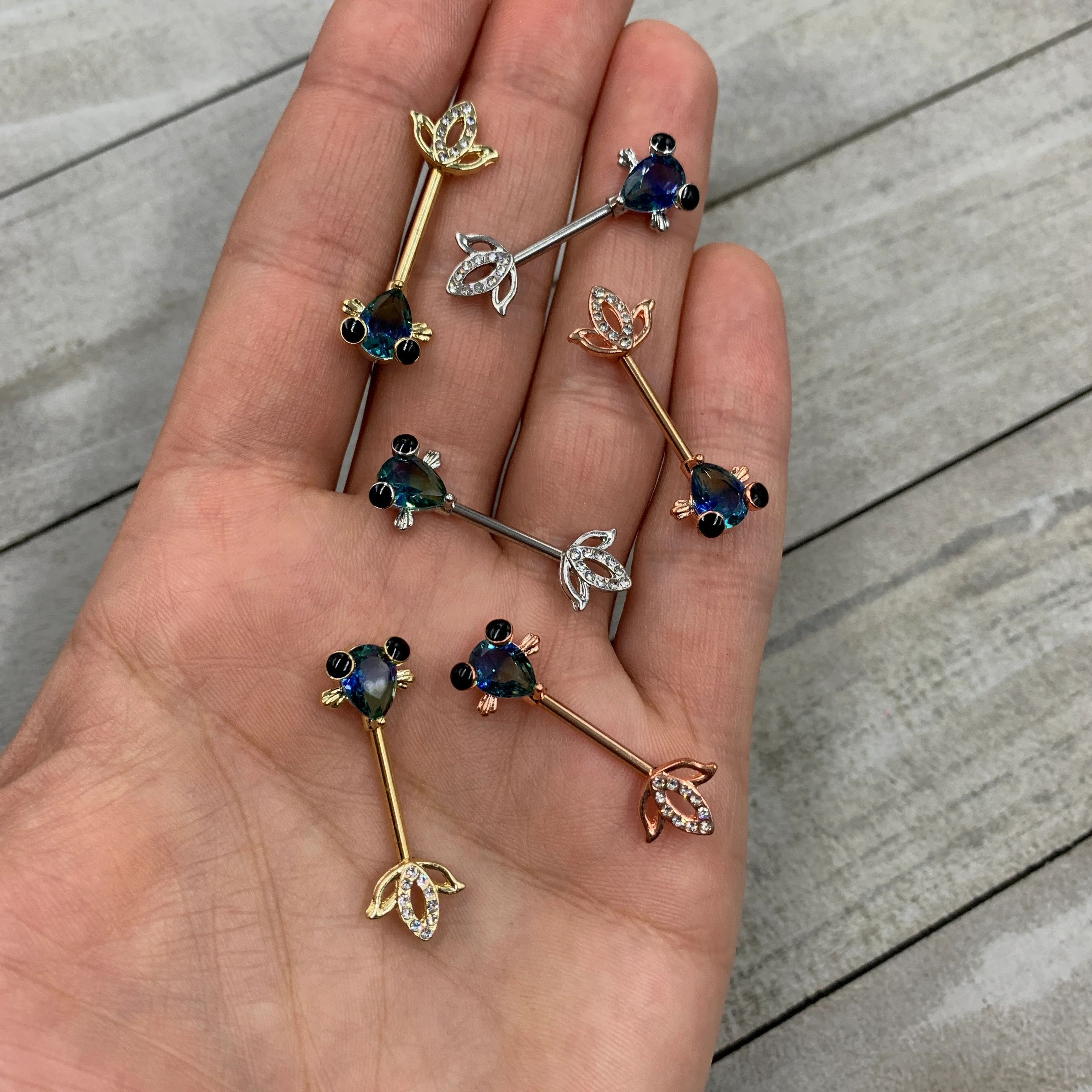14G 9/16 Aqua Gem Rose Gold Tone Fish Barbell Nipple Ring Set - Image 2