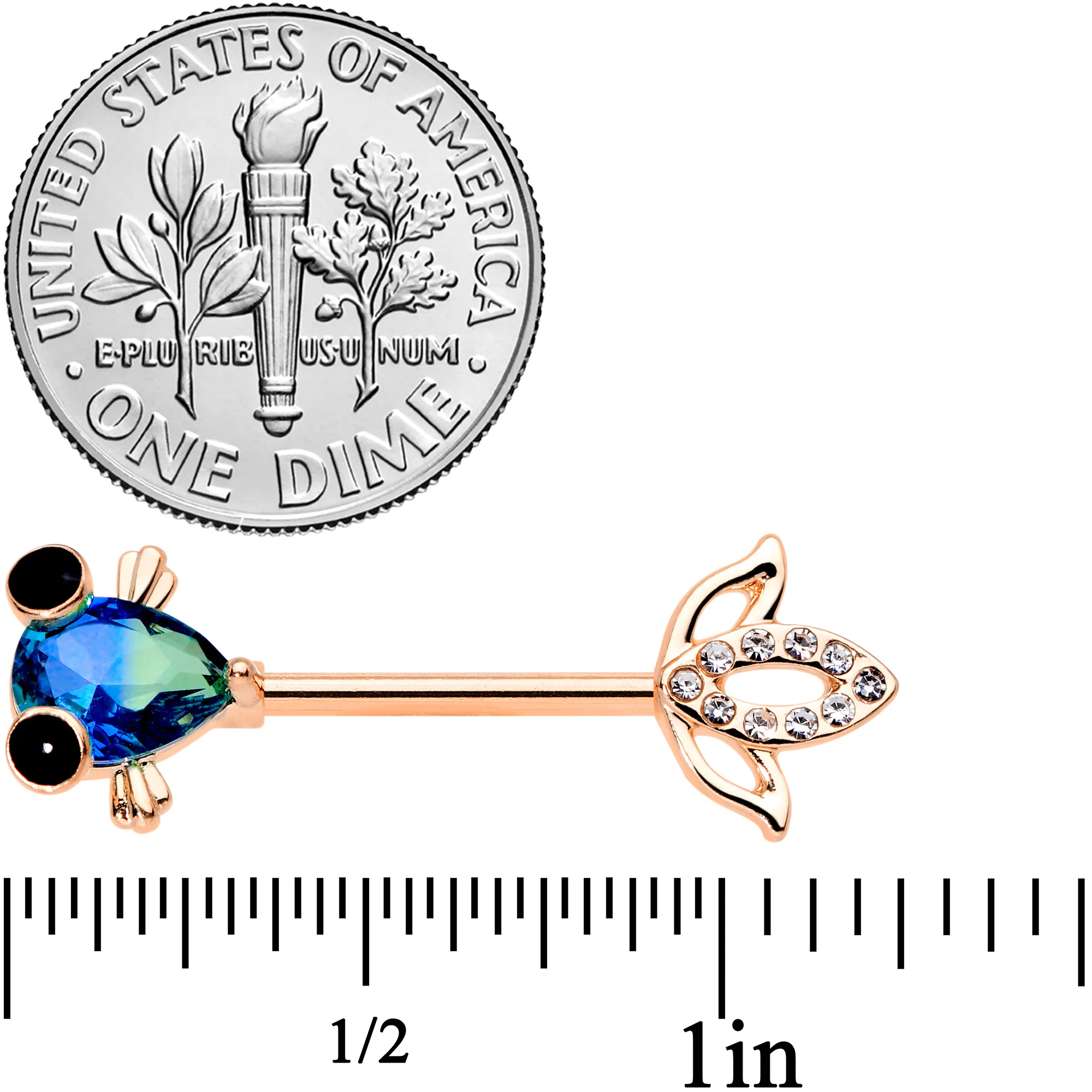 14G 9/16 Aqua Gem Rose Gold Tone Fish Barbell Nipple Ring Set - Image 3