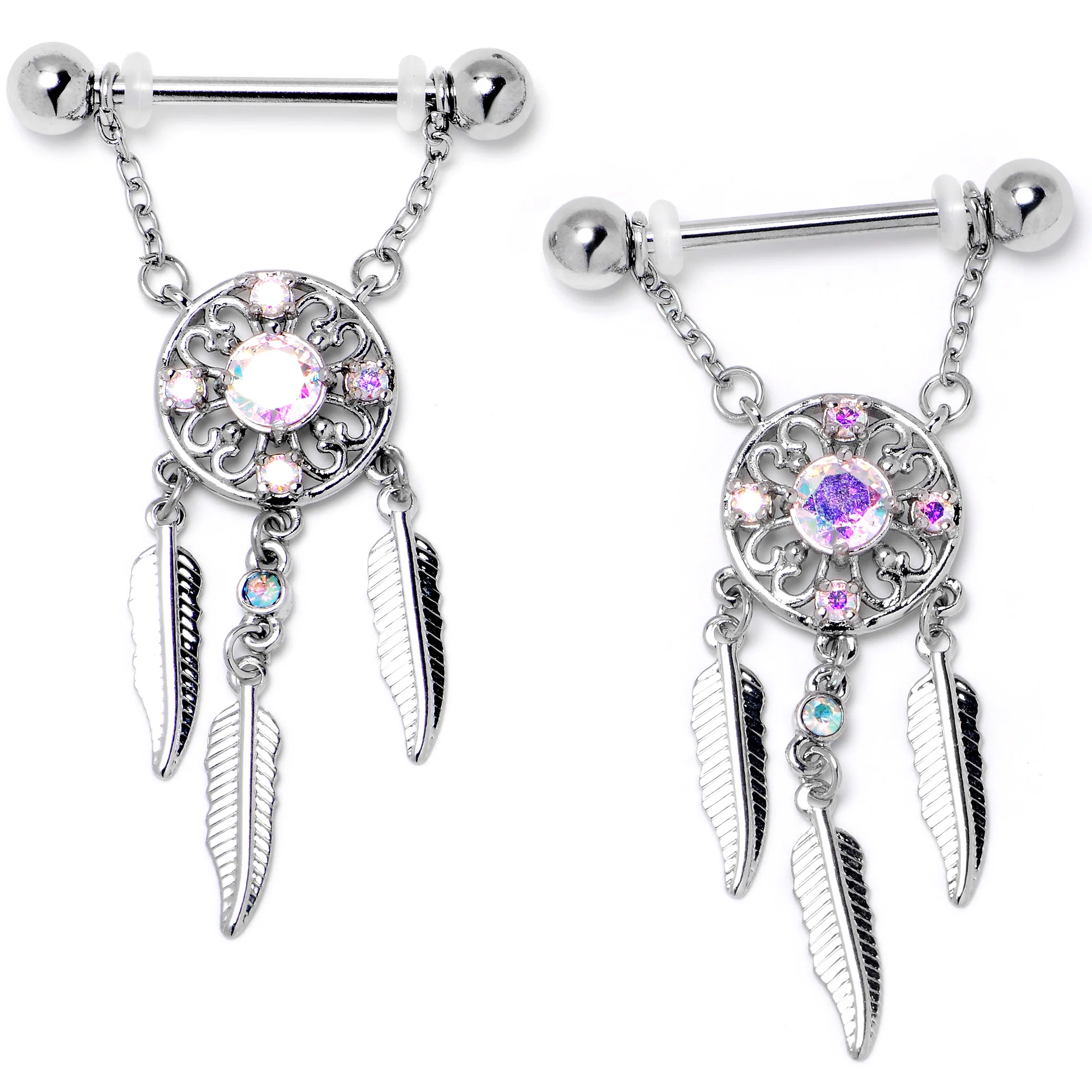 14G 9/16 Aurora CZ Gem Dreamcatcher Dangle Nipple Ring Set - Image 3