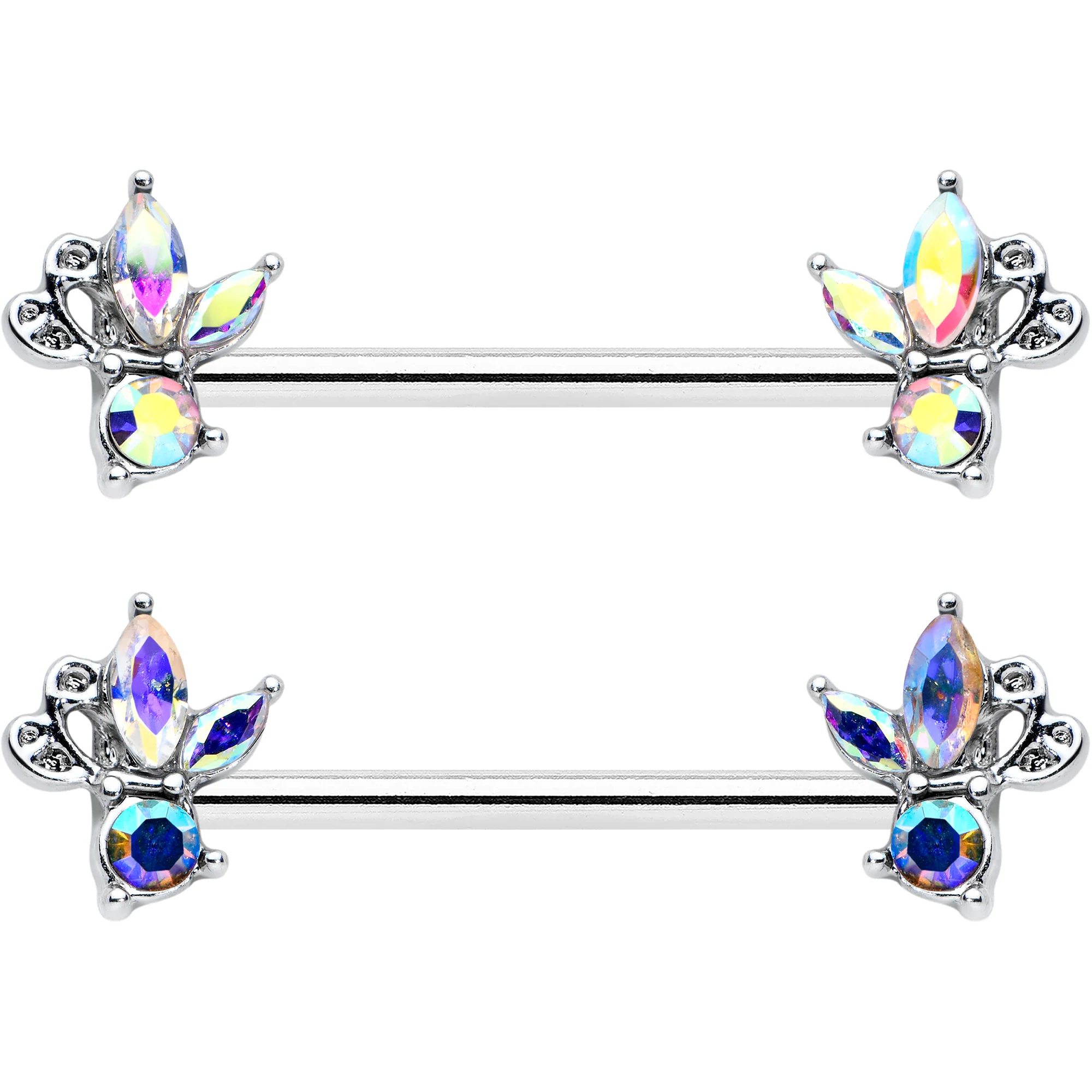 14G 9/16 Aurora CZ Gem Fleur de Lis Butterfly Barbell Nipple Ring Set - Image 2