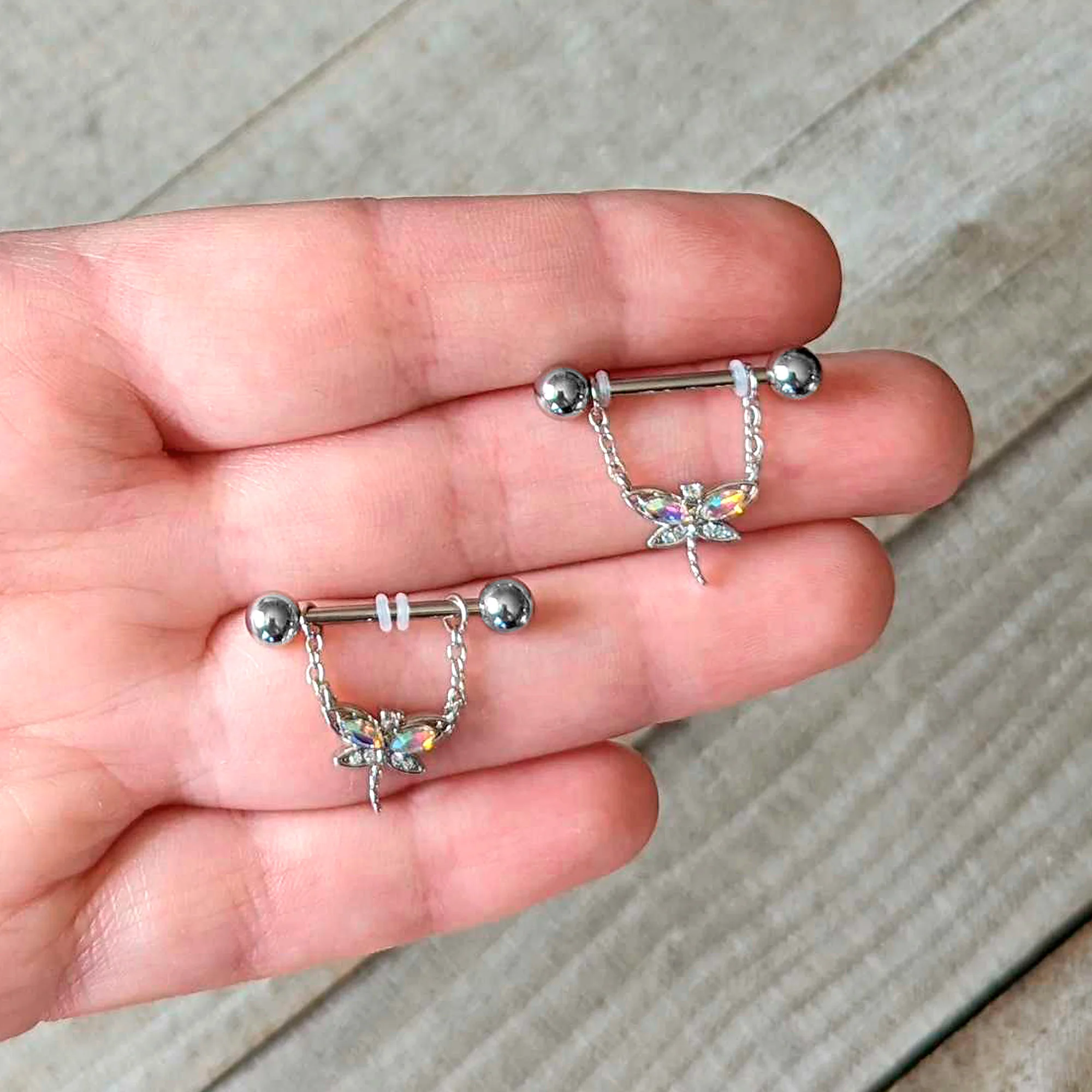 14G 9/16 Aurora CZ Gem Understated Dragonfly Dangle Nipple Ring Set - Image 2