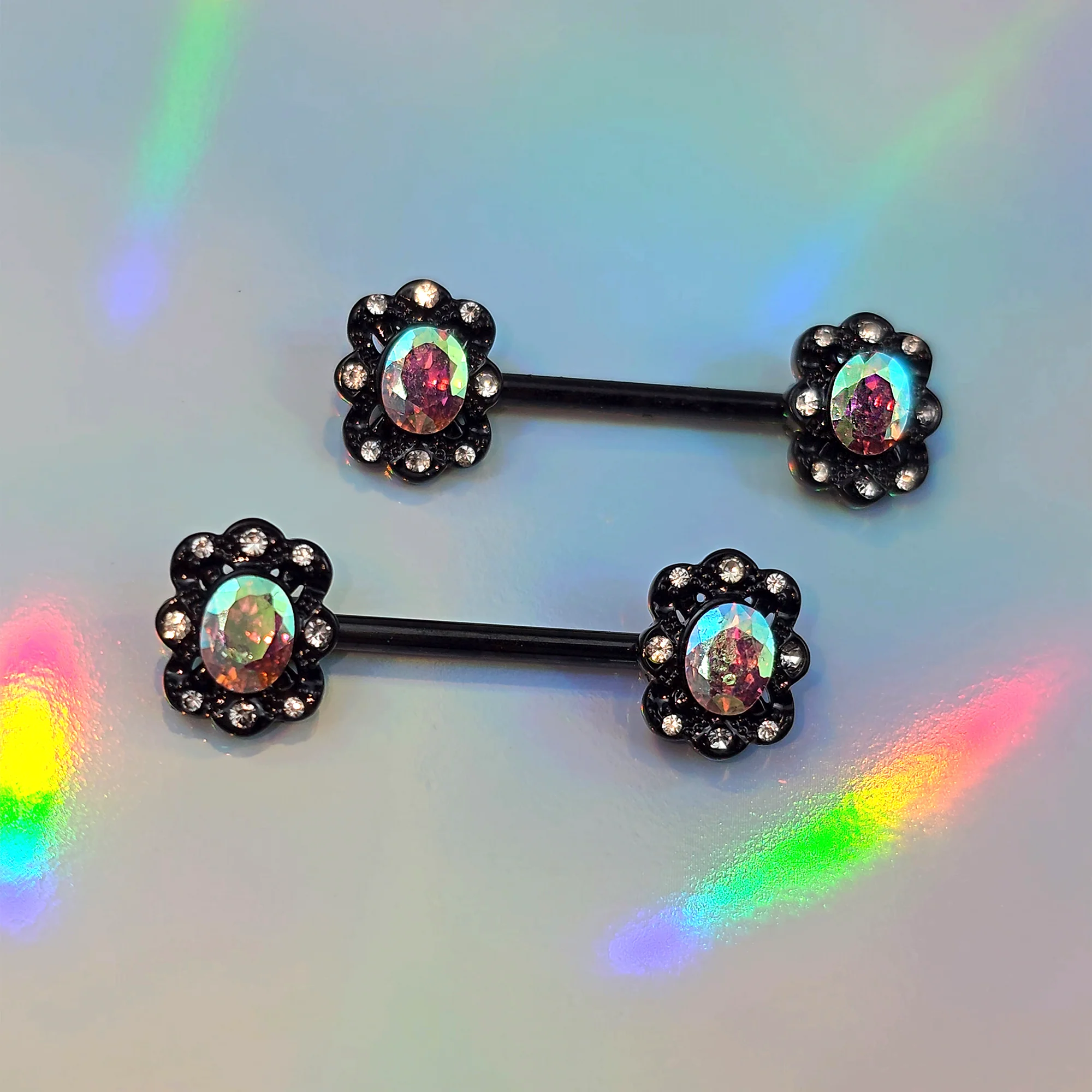 14G 9/16 Aurora Gem Black Filigree Fantasy Barbell Nipple Ring Set - Image 6