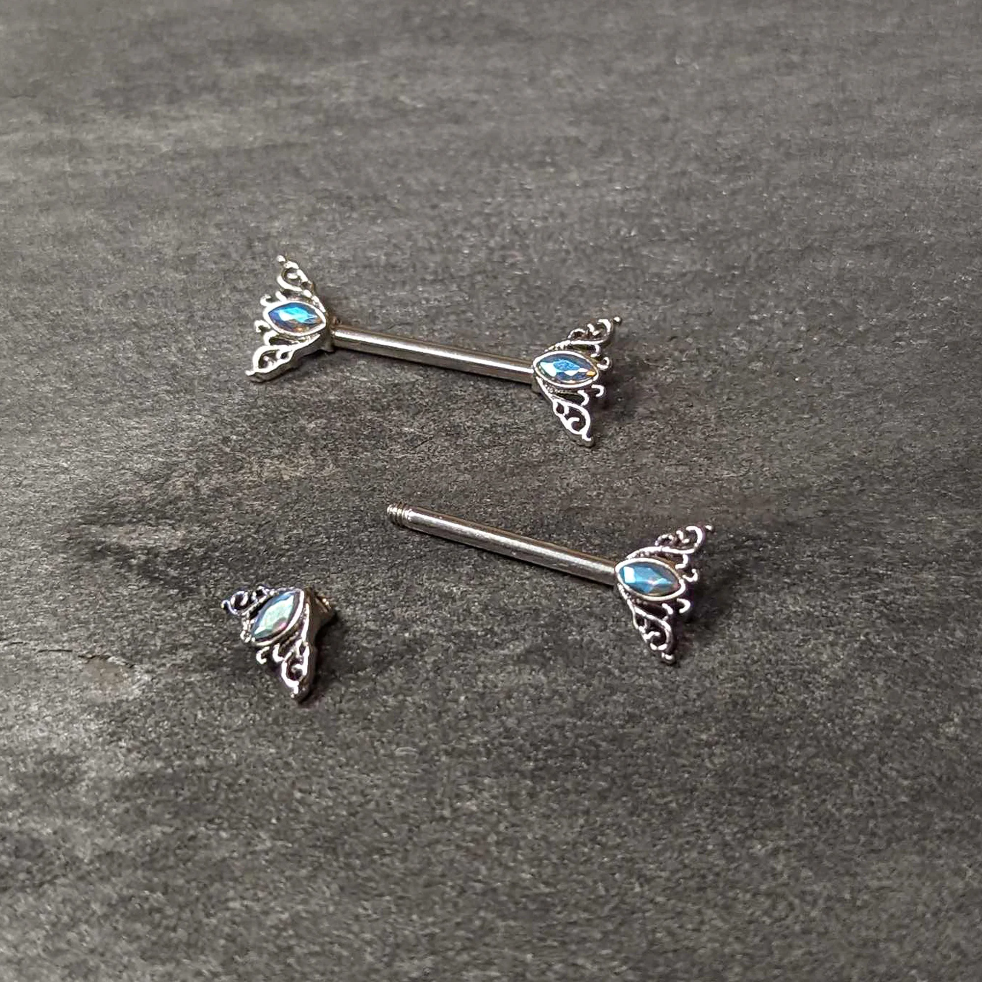 14G 9/16 Aurora Gem Deco Waves Barbell Nipple Ring Set - Image 5