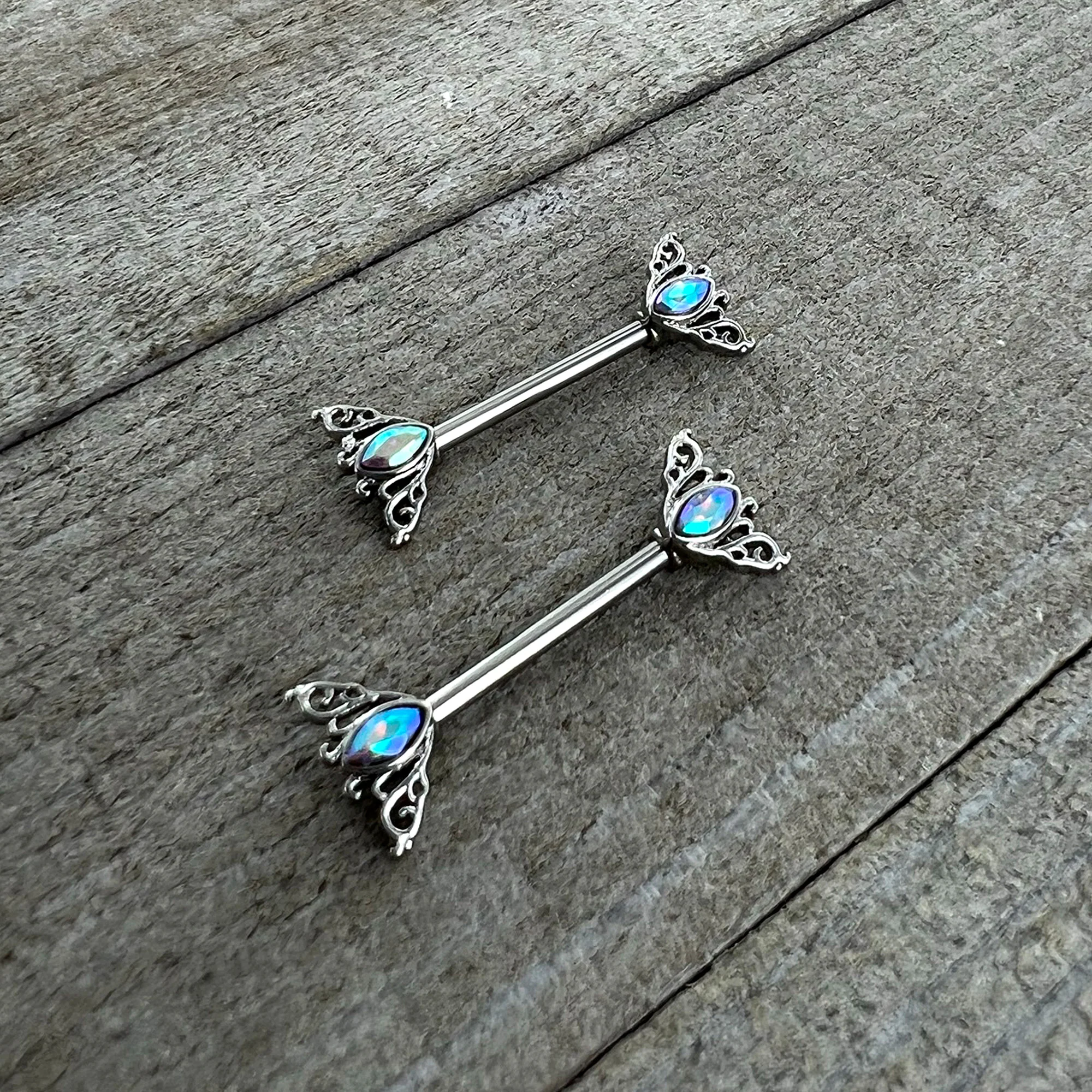 14G 9/16 Aurora Gem Deco Waves Barbell Nipple Ring Set - Image 6