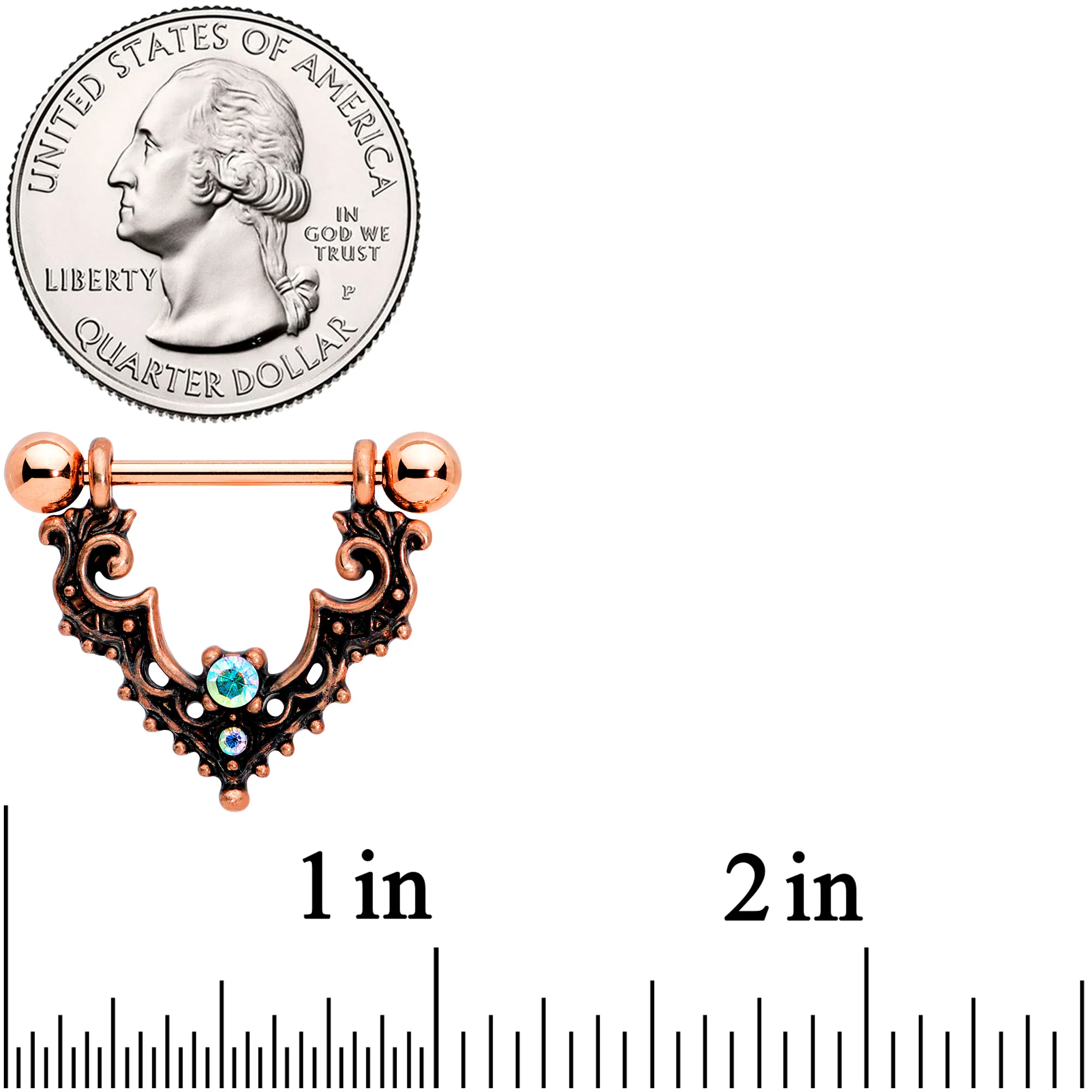 14G 9/16 Aurora Gem Rose Gold Tone Baroque Bat Nipple Shield Set - Image 2