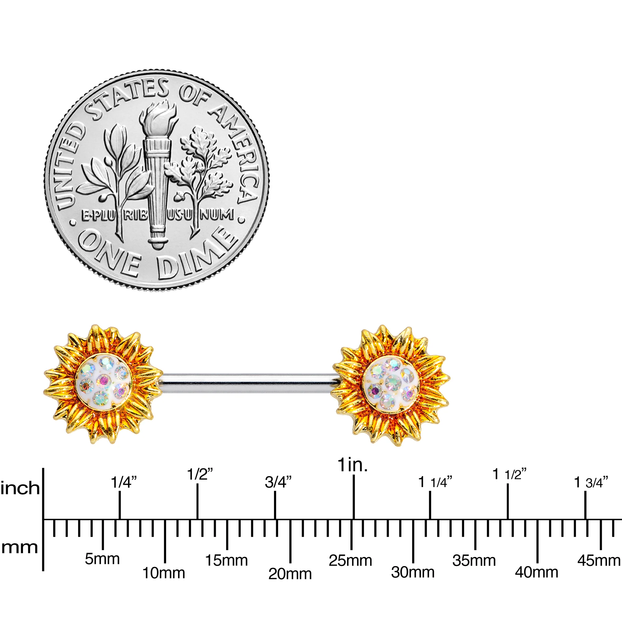 14G 9/16 Aurora Gem Scintillating Sunflower Nipple Ring Set - Image 4
