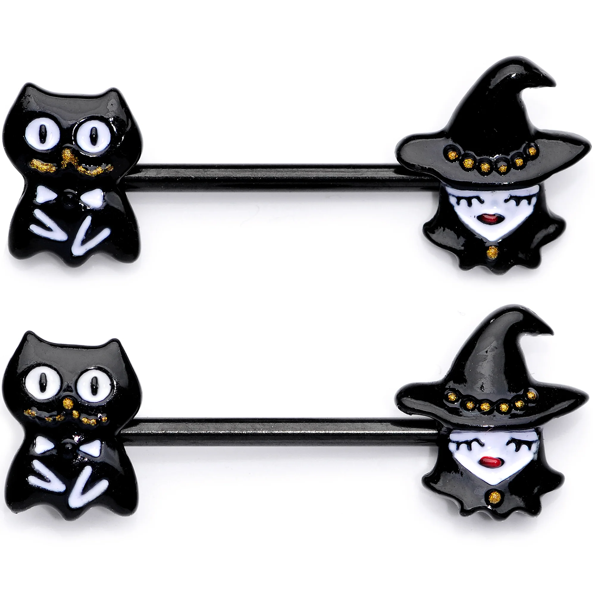 14G 9/16 Black Cat Pretty Witch Halloween Barbell Nipple Ring Set - Image 2