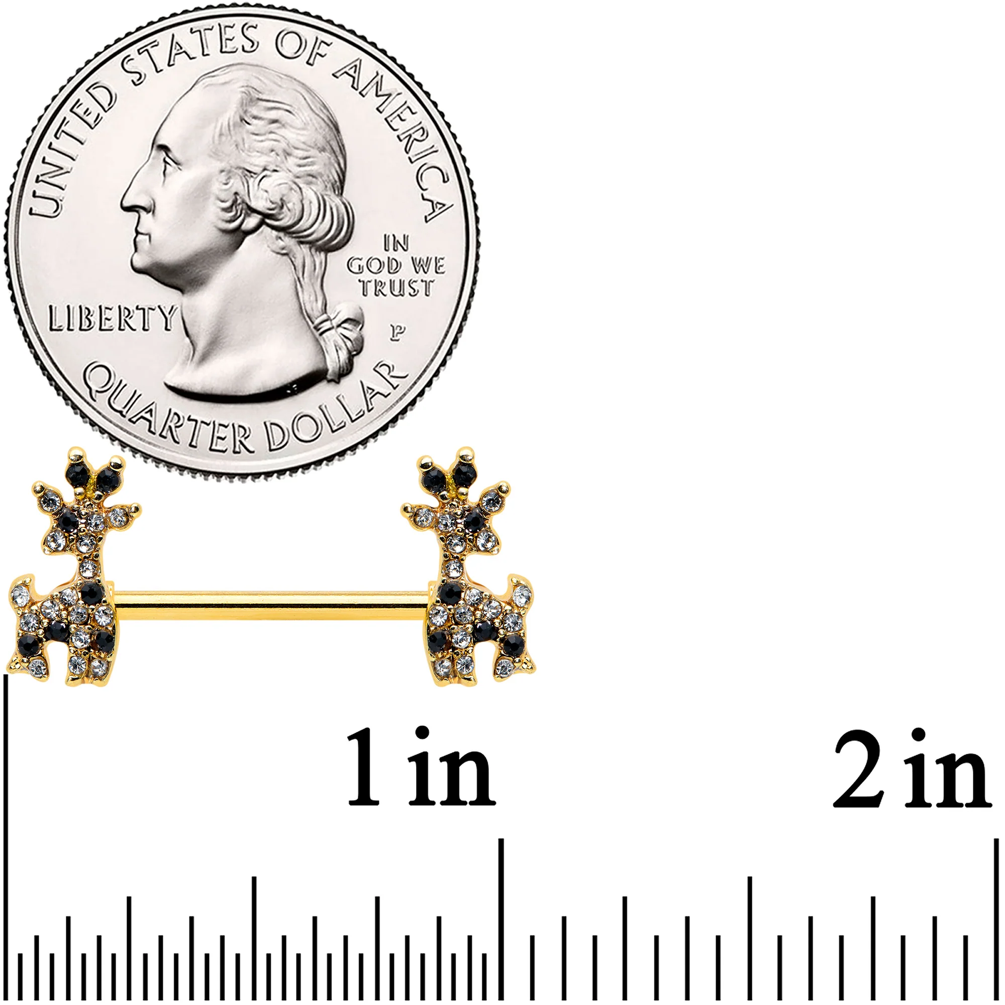 14G 9/16 Black Gem Gold Tone Decadent Deer Nipple Ring Set - Image 2