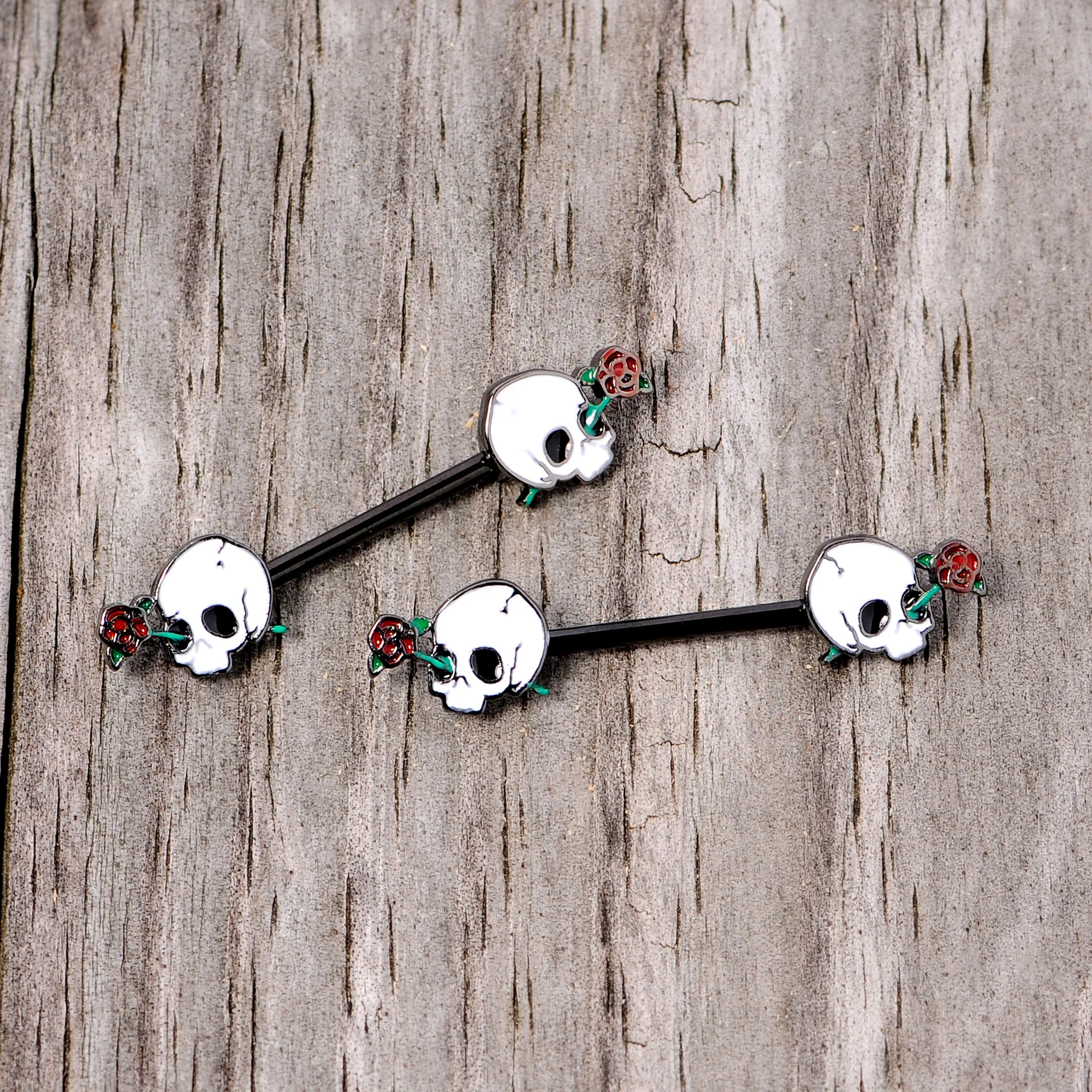 14G 9/16 Black PVD Rose Scary Skull Halloween Nipple Ring Set - Image 3