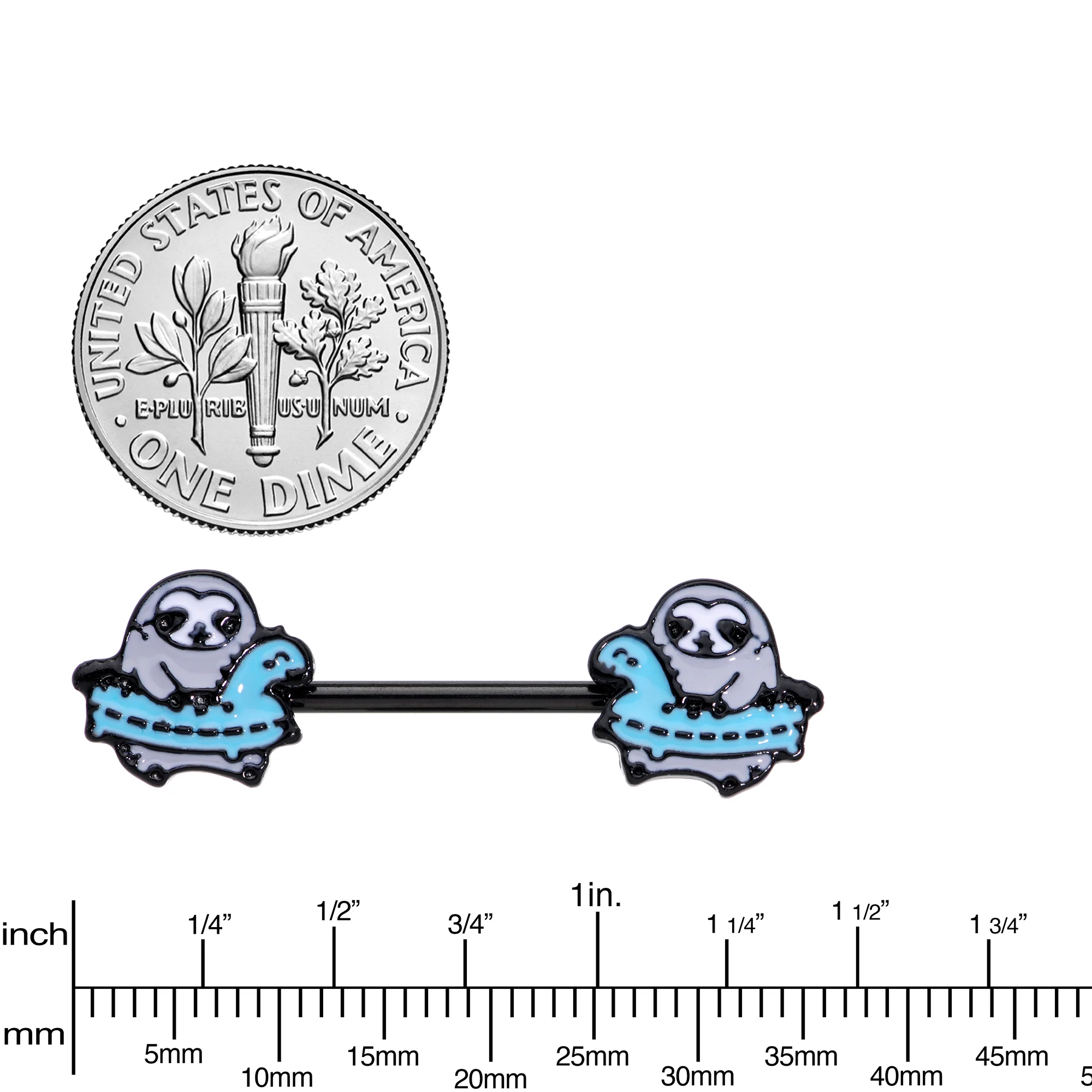 14G 9/16 Black Swimming Sloth Barbell Nipple Ring Set - Image 3