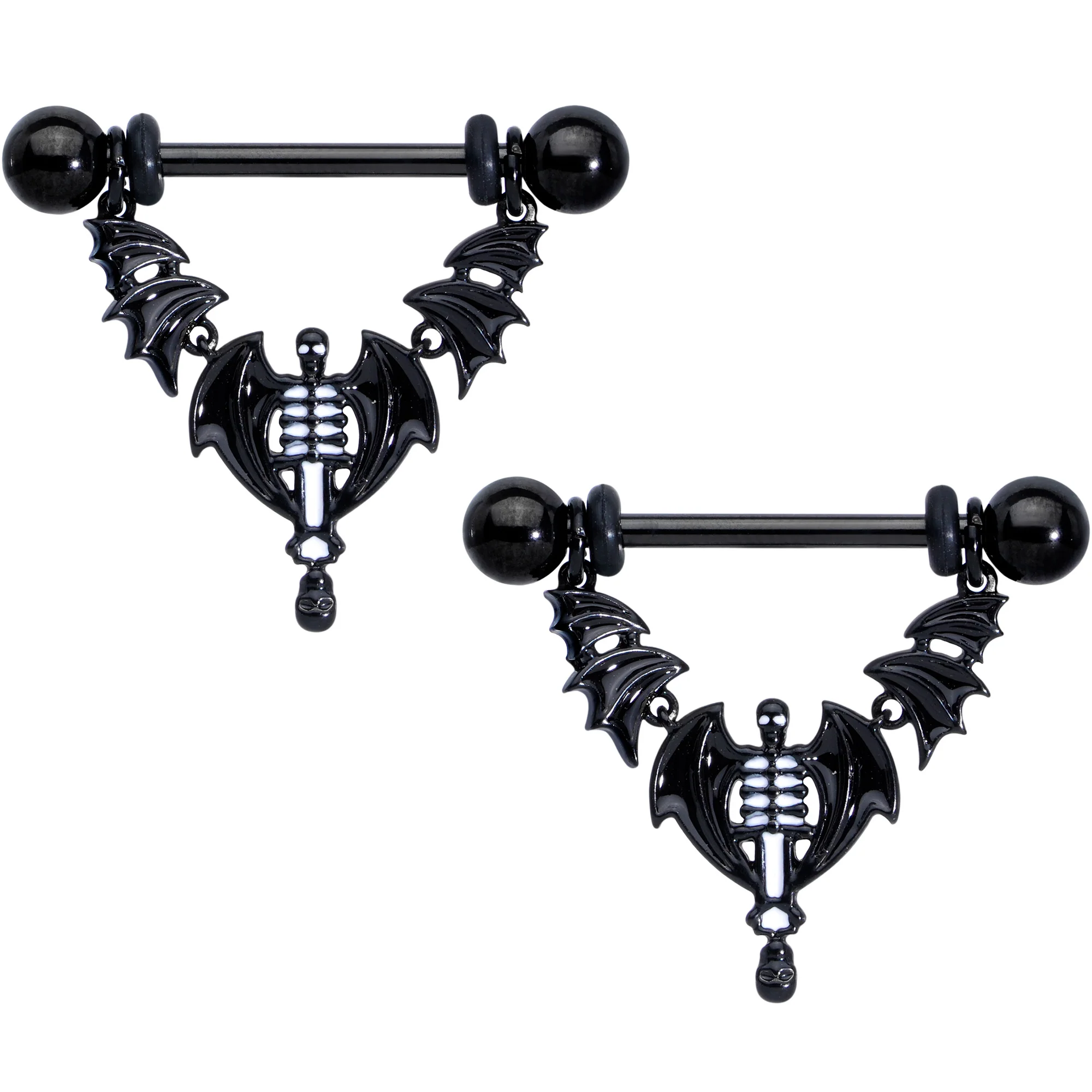 14G 9/16 Black Winged Skeleton Halloween Dangle Nipple Ring Set