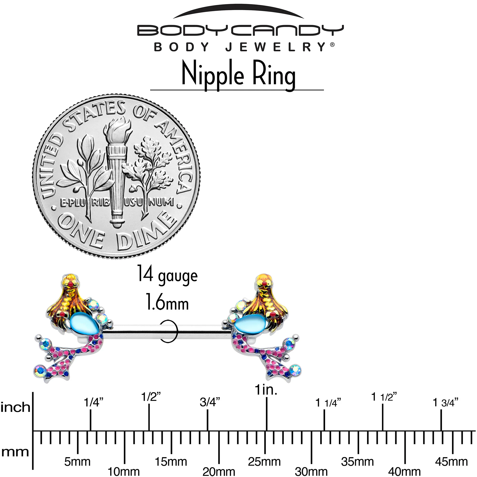 14G 9/16 Blue Aurora Gem Abstract Mermaid Barbell Nipple Ring Set - Image 3