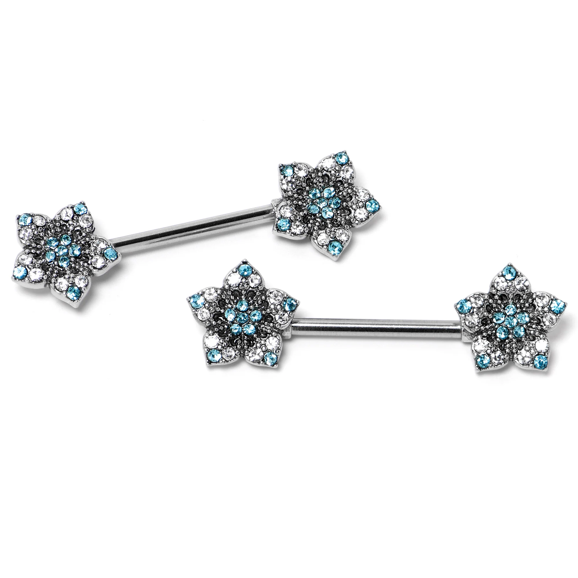 14G 9/16 Blue Clear Gem Opulent Flowers Barbell Nipple Ring Set - Image 3
