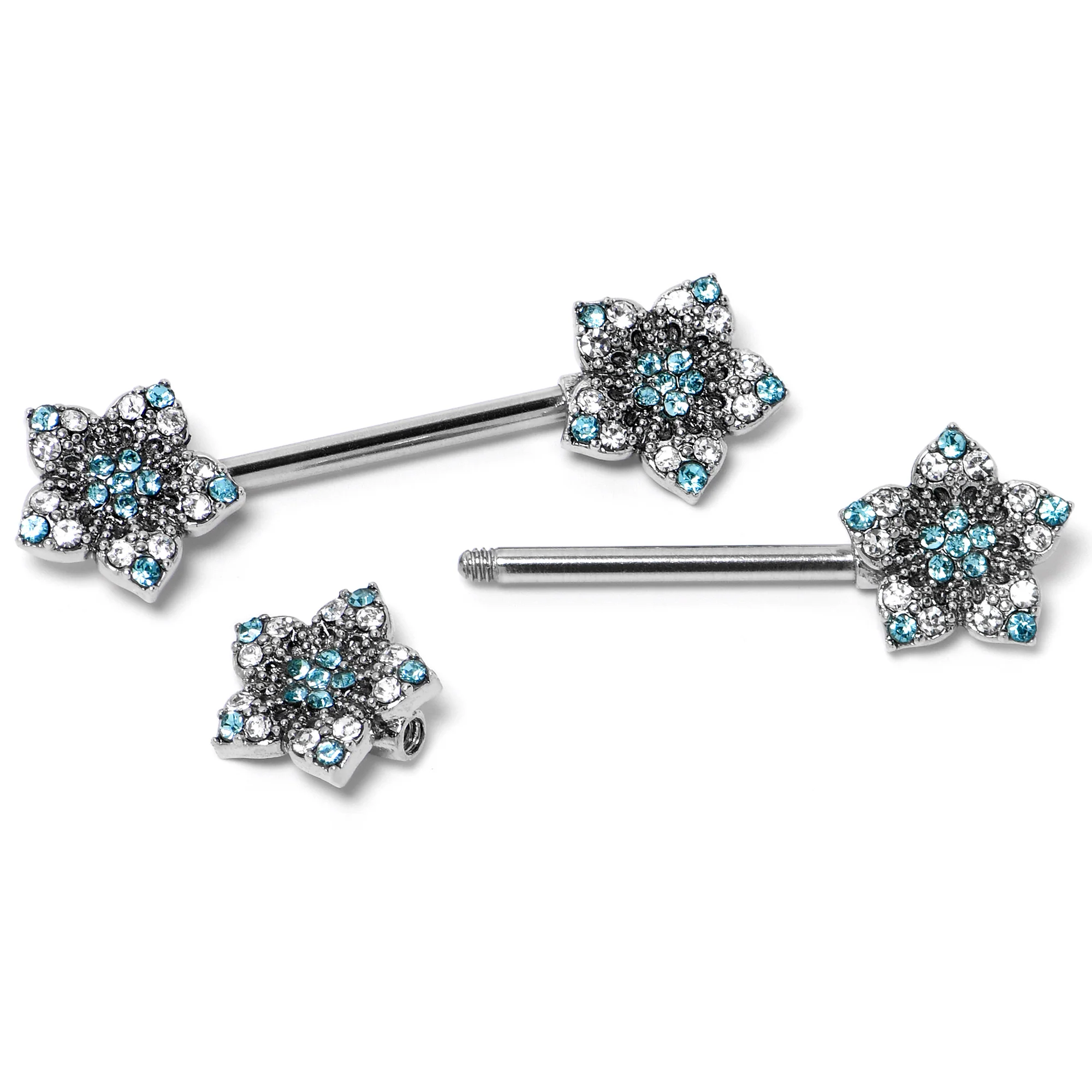 14G 9/16 Blue Clear Gem Opulent Flowers Barbell Nipple Ring Set - Image 4