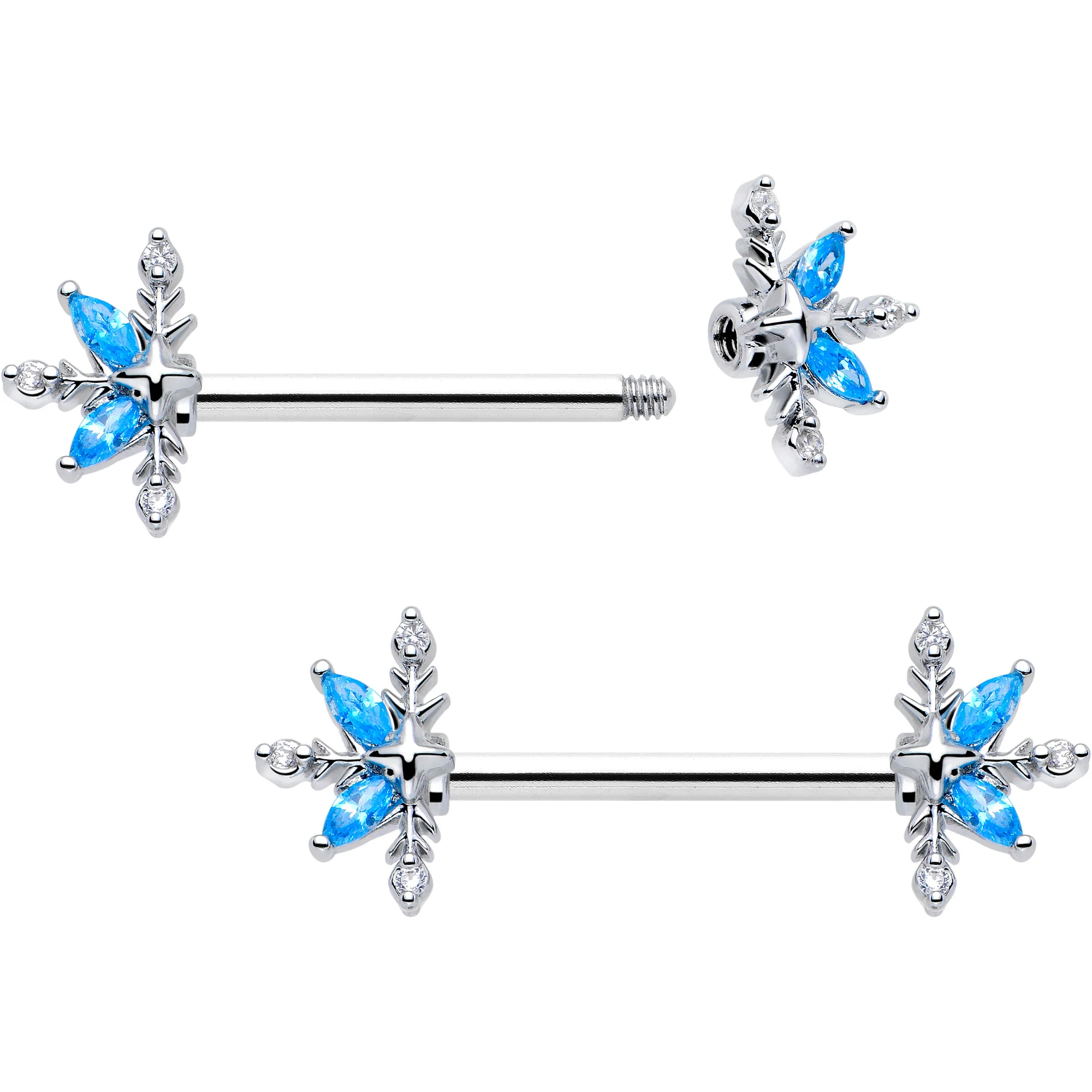 14G 9/16 Blue CZ Gem Classic Flower Barbell Nipple Ring Set - Image 2