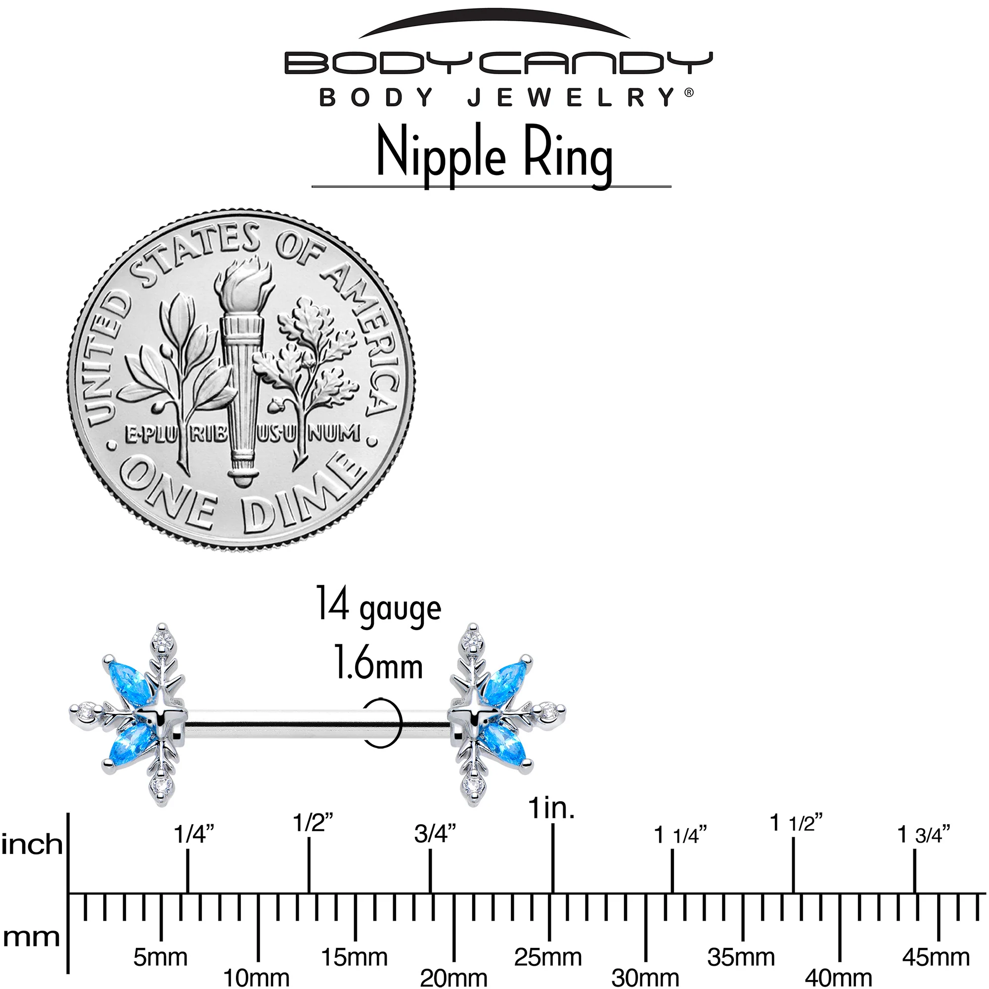 14G 9/16 Blue CZ Gem Classic Flower Barbell Nipple Ring Set - Image 5