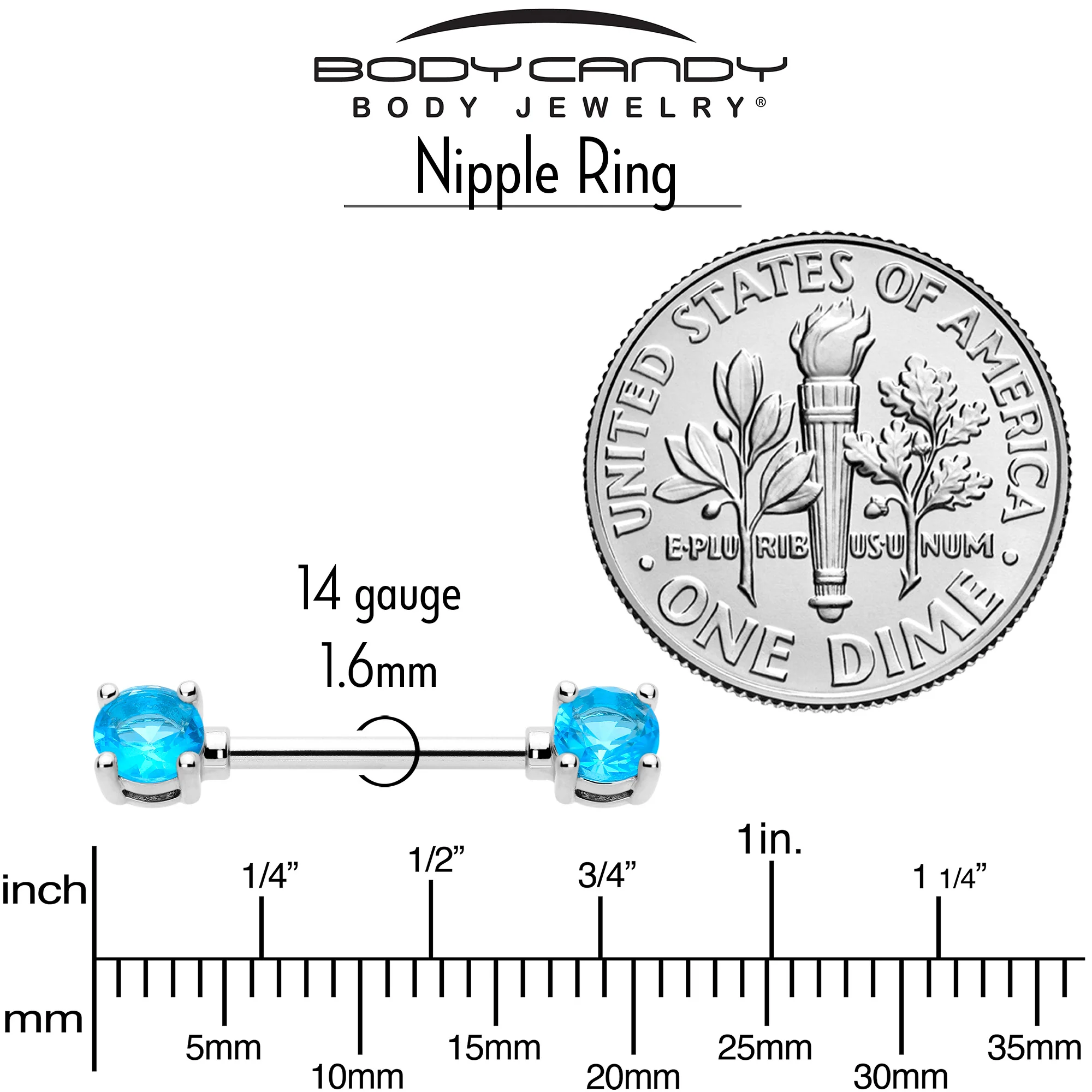 14G 9/16 Blue CZ Gem December Birthstone Nipple Ring Set - Image 5