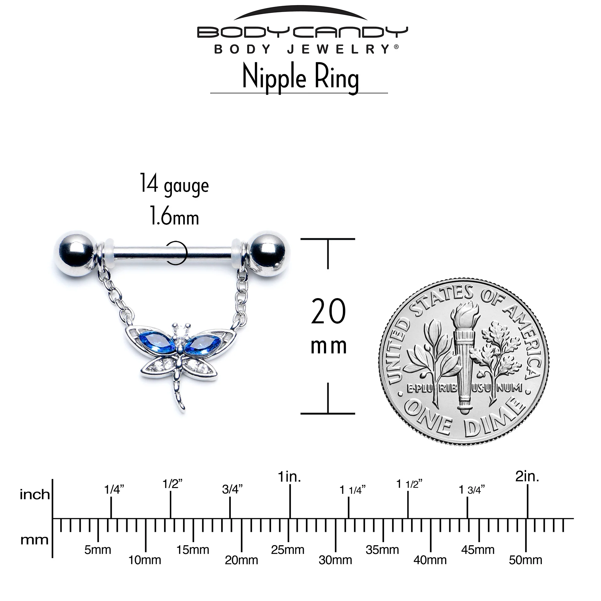 14G 9/16 Blue CZ Gem Dragonfly Dream Dangle Nipple Ring Set - Image 4