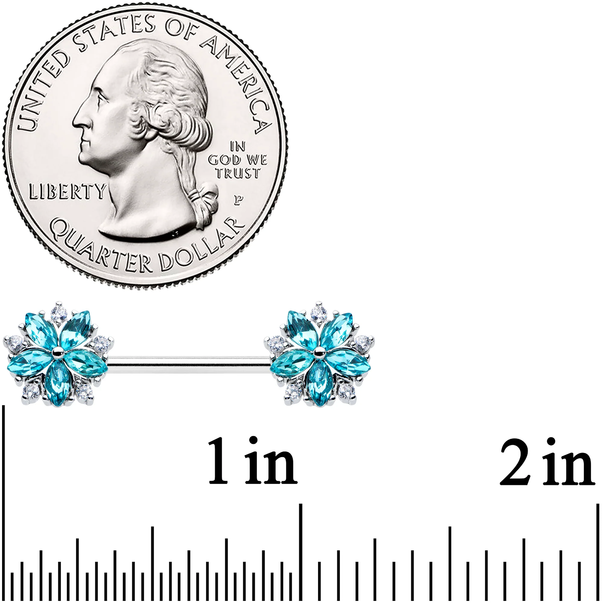 14G 9/16 Blue CZ Gem Floral Burst Barbell Nipple Ring Set - Image 3