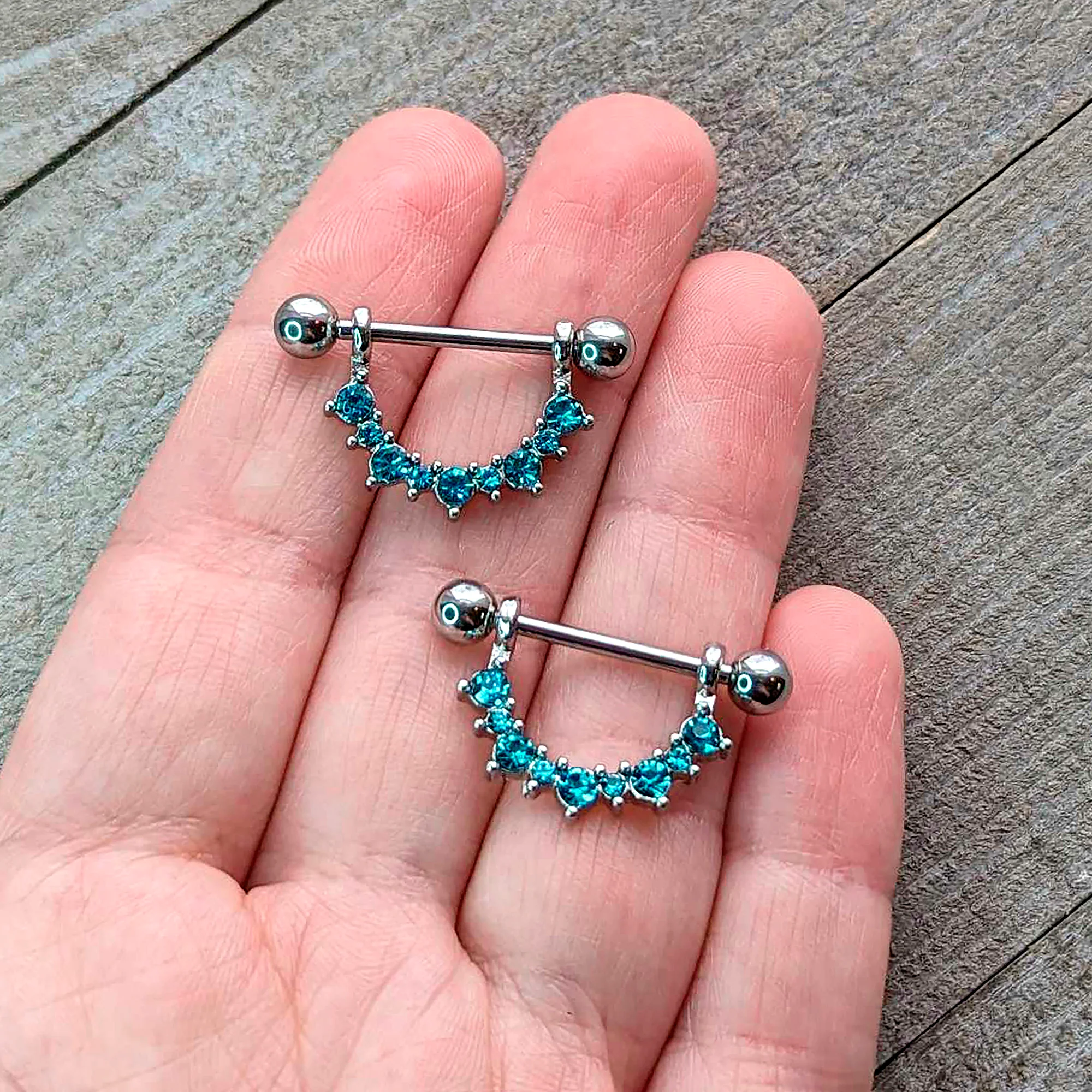 14G 9/16 Blue CZ Gem March Birthstone Dangle Nipple Shield Set - Image 2