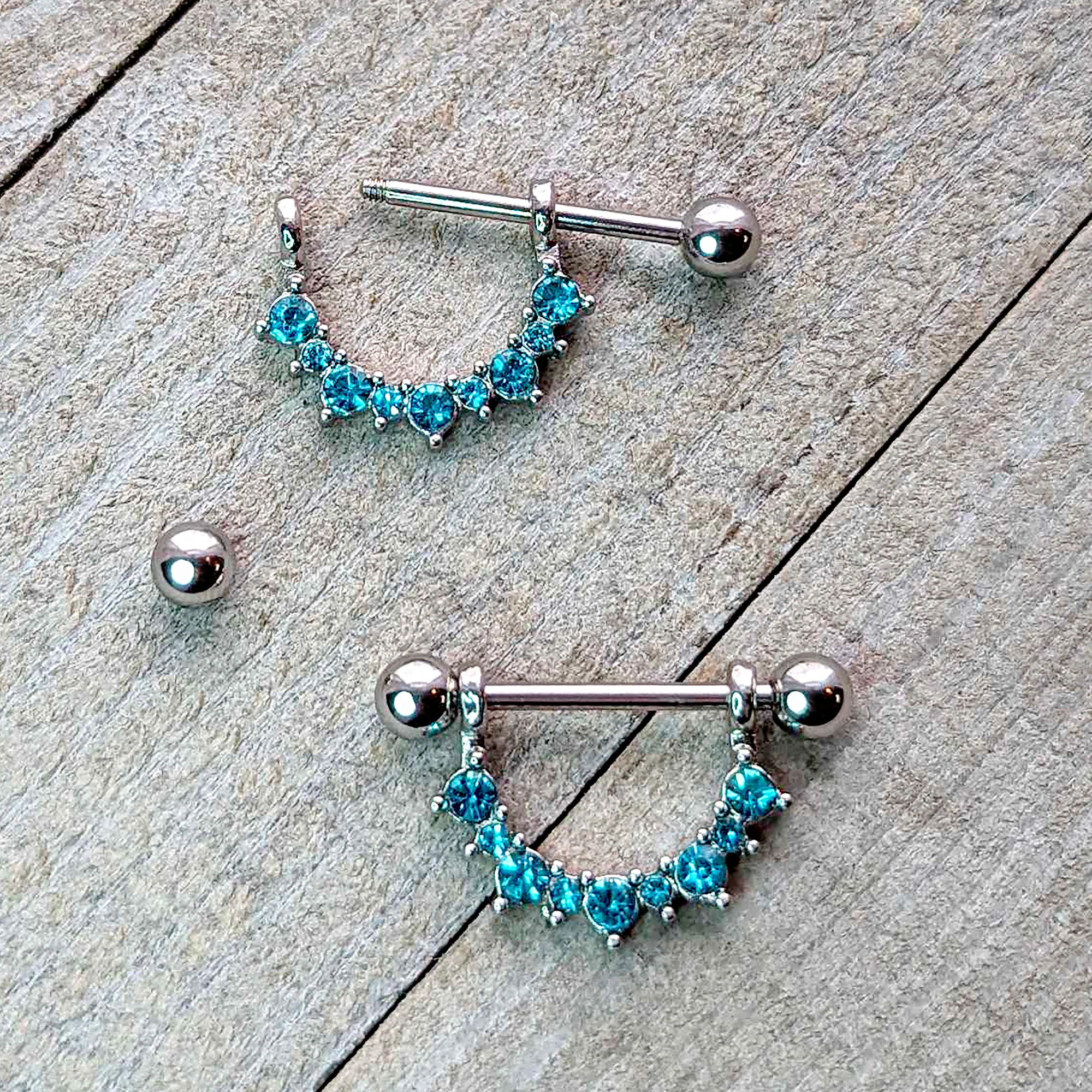 14G 9/16 Blue CZ Gem March Birthstone Dangle Nipple Shield Set - Image 3