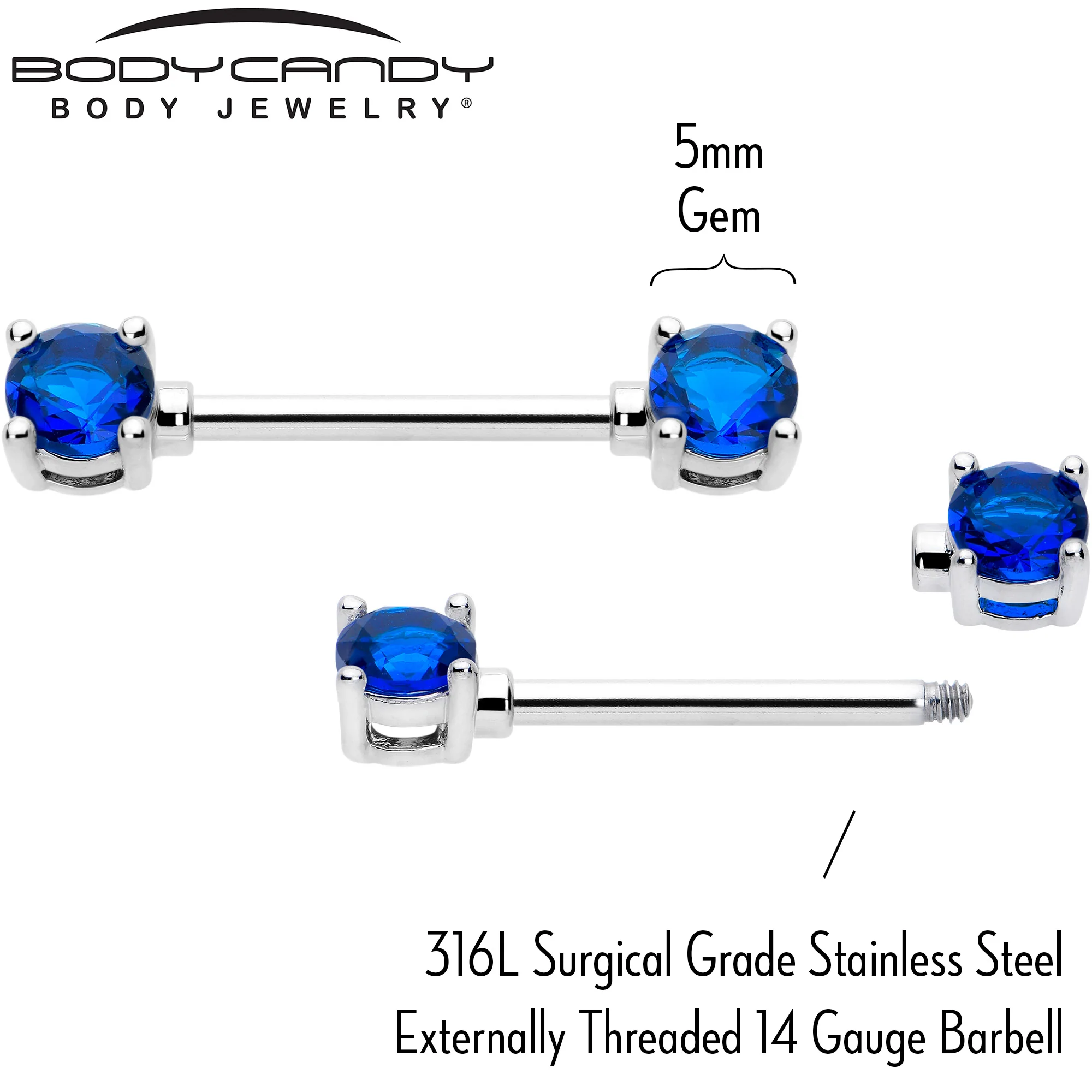 14G 9/16 Blue CZ Gem September Birthstone Nipple Ring Set - Image 4